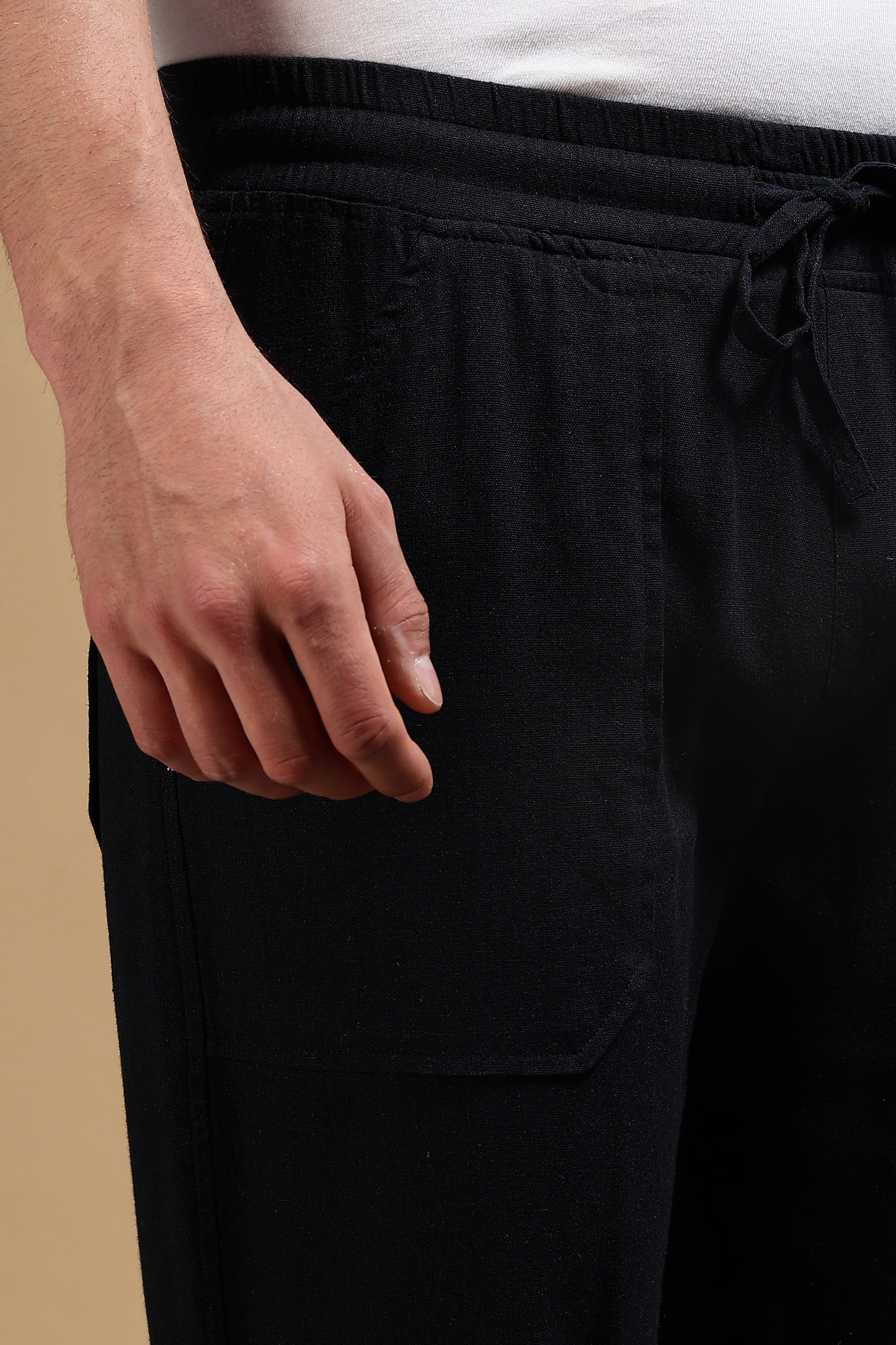 Linen Blend Loose Fit Drawcord Trousers Navy