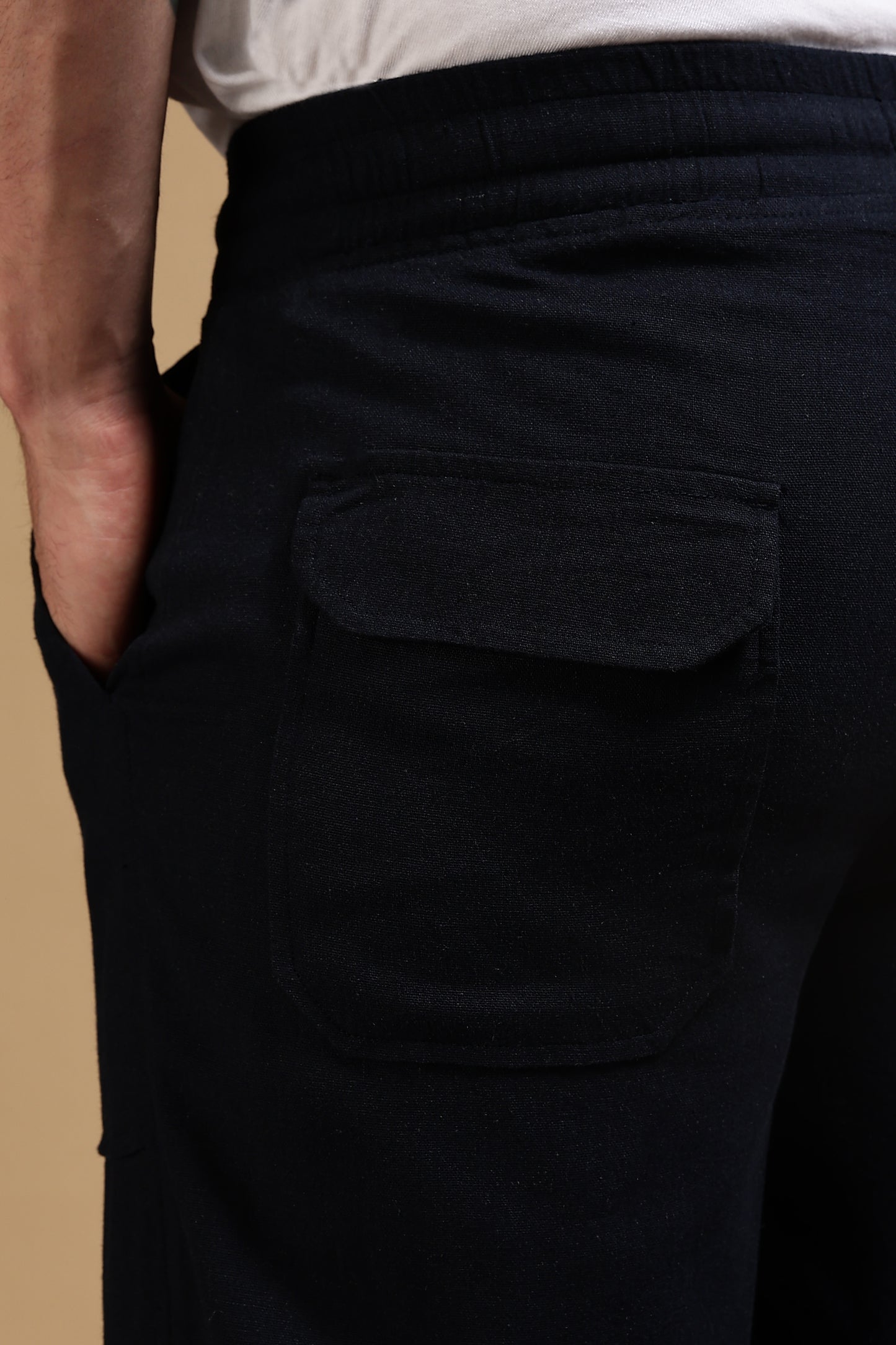Linen Blend Loose Fit Drawcord Trousers Navy