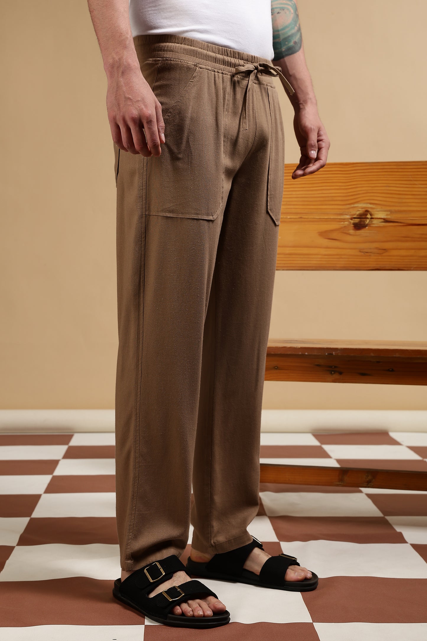 Linen Blend Loose Fit Drawcord Trousers Khaki