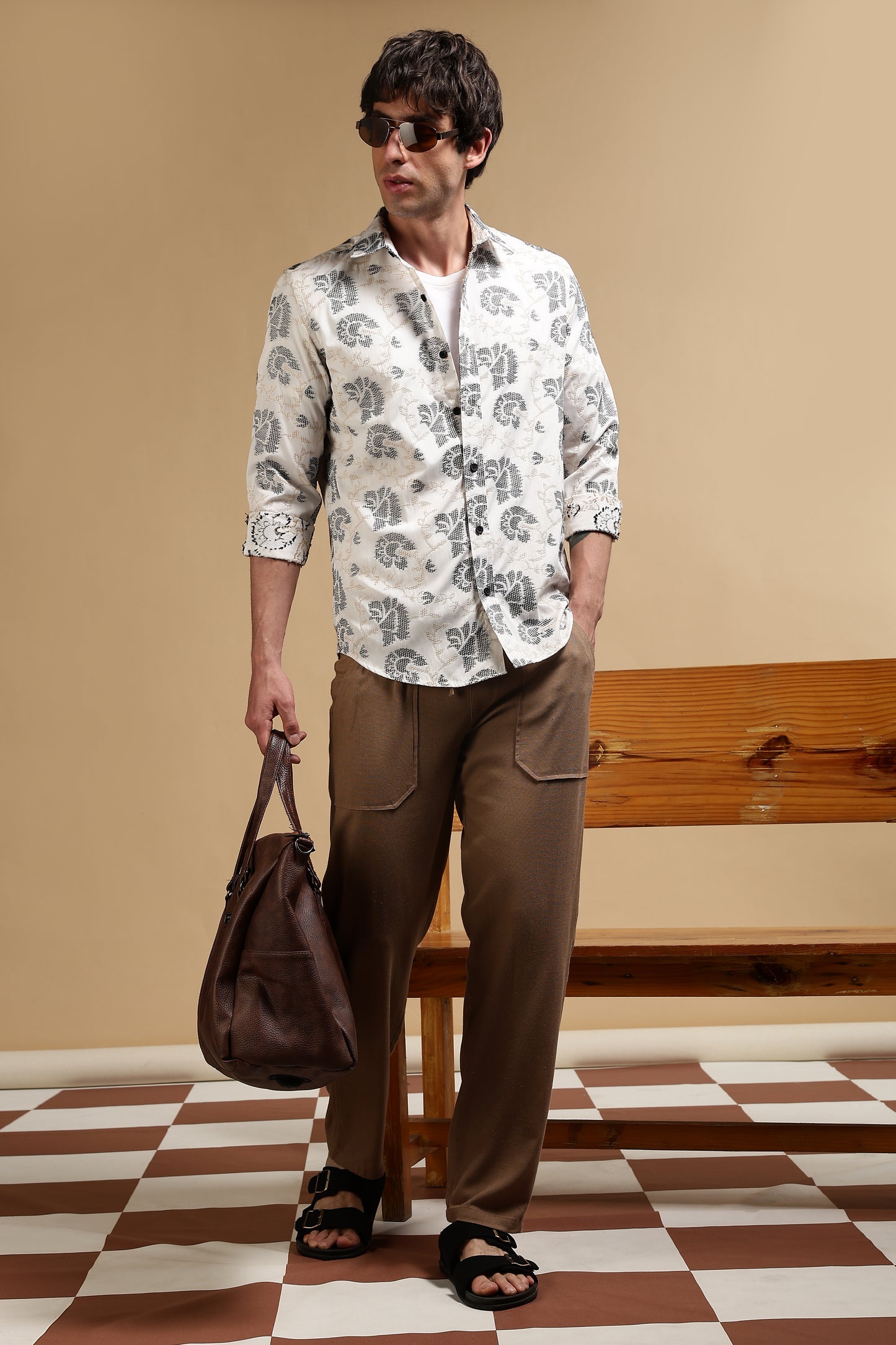 Linen Blend Loose Fit Drawcord Trousers Khaki