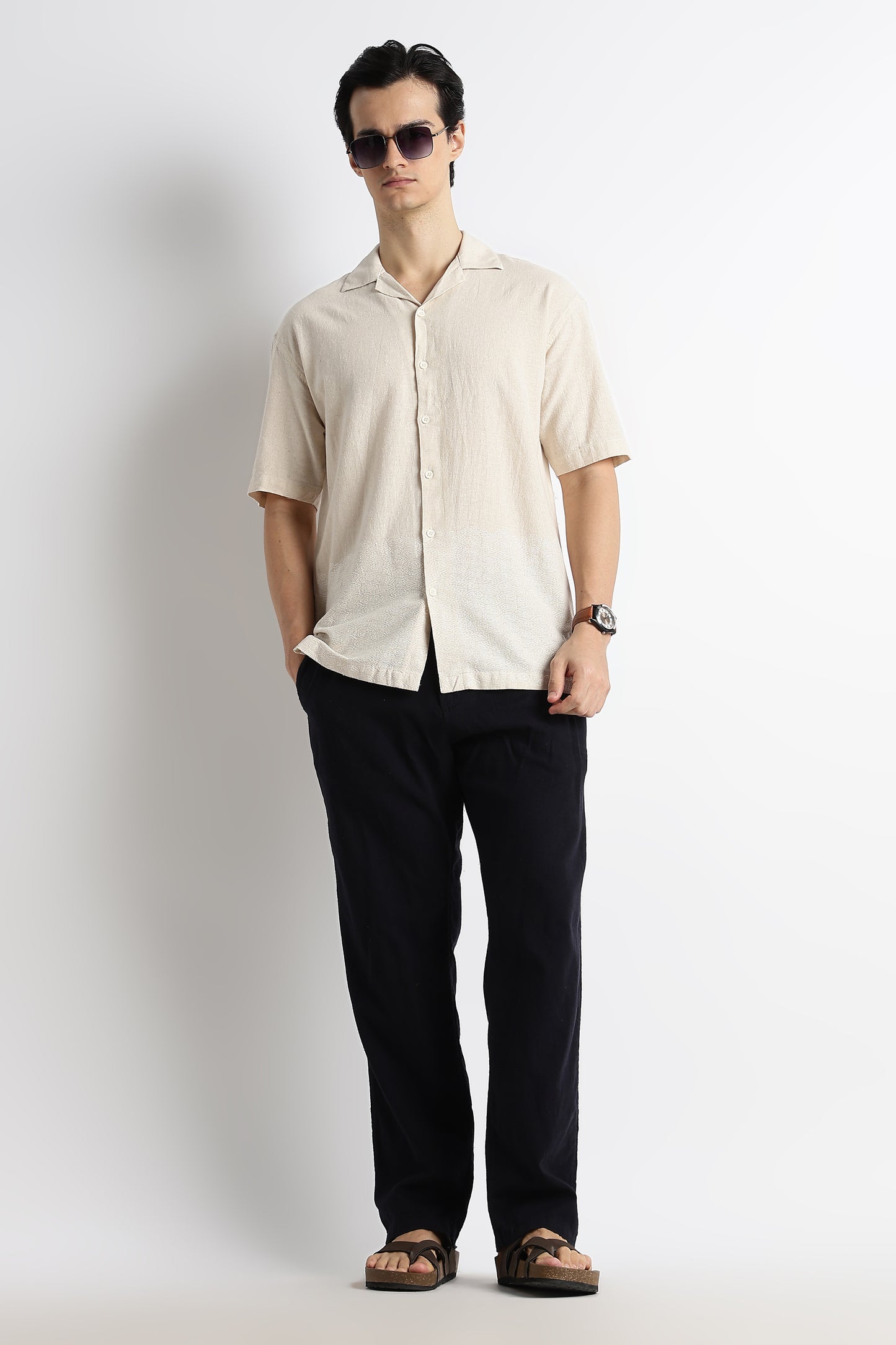 Casual Cotton Cuban Collar Shirt Cream