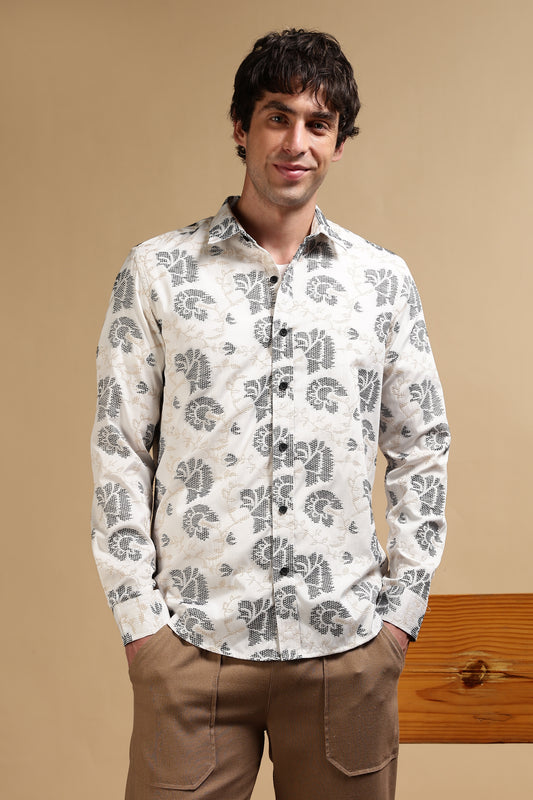 Cotton Slim Fit Self-Designed Shirt White