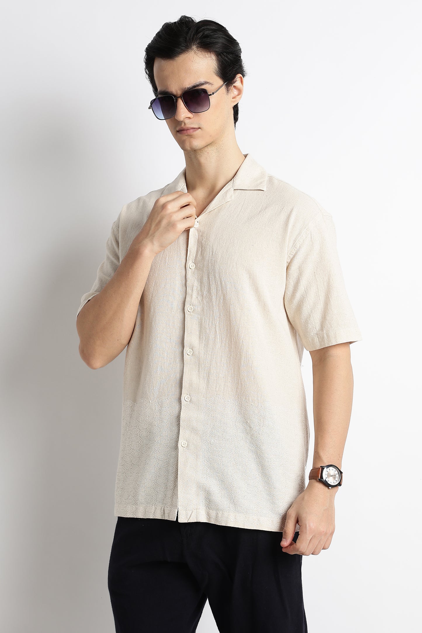 Casual Cotton Cuban Collar Shirt Cream
