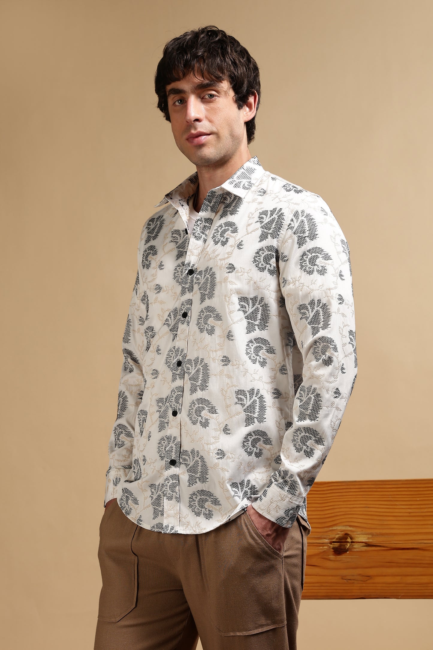 Cotton Slim Fit Self-Designed Shirt White