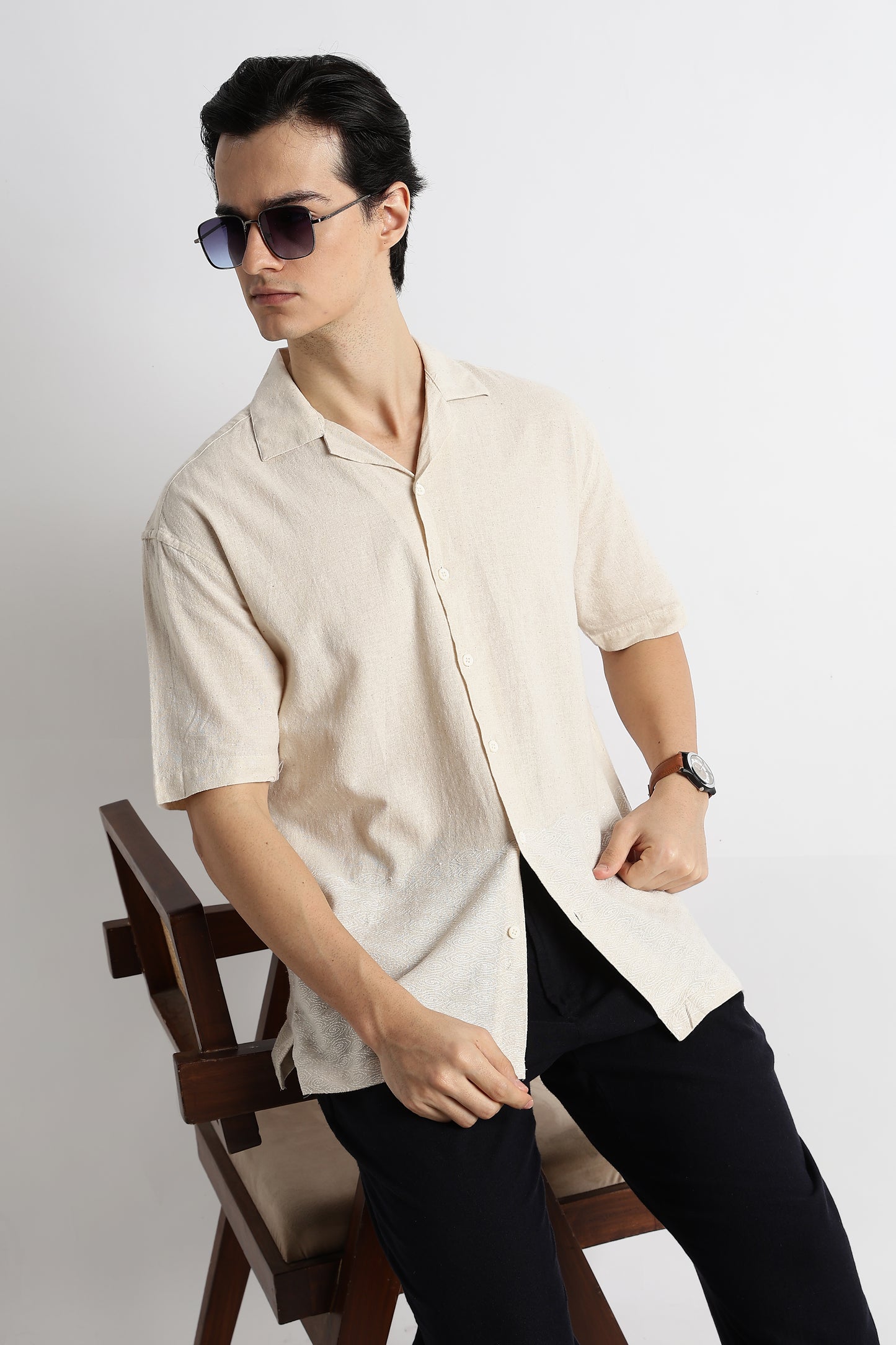 Casual Cotton Cuban Collar Shirt Cream