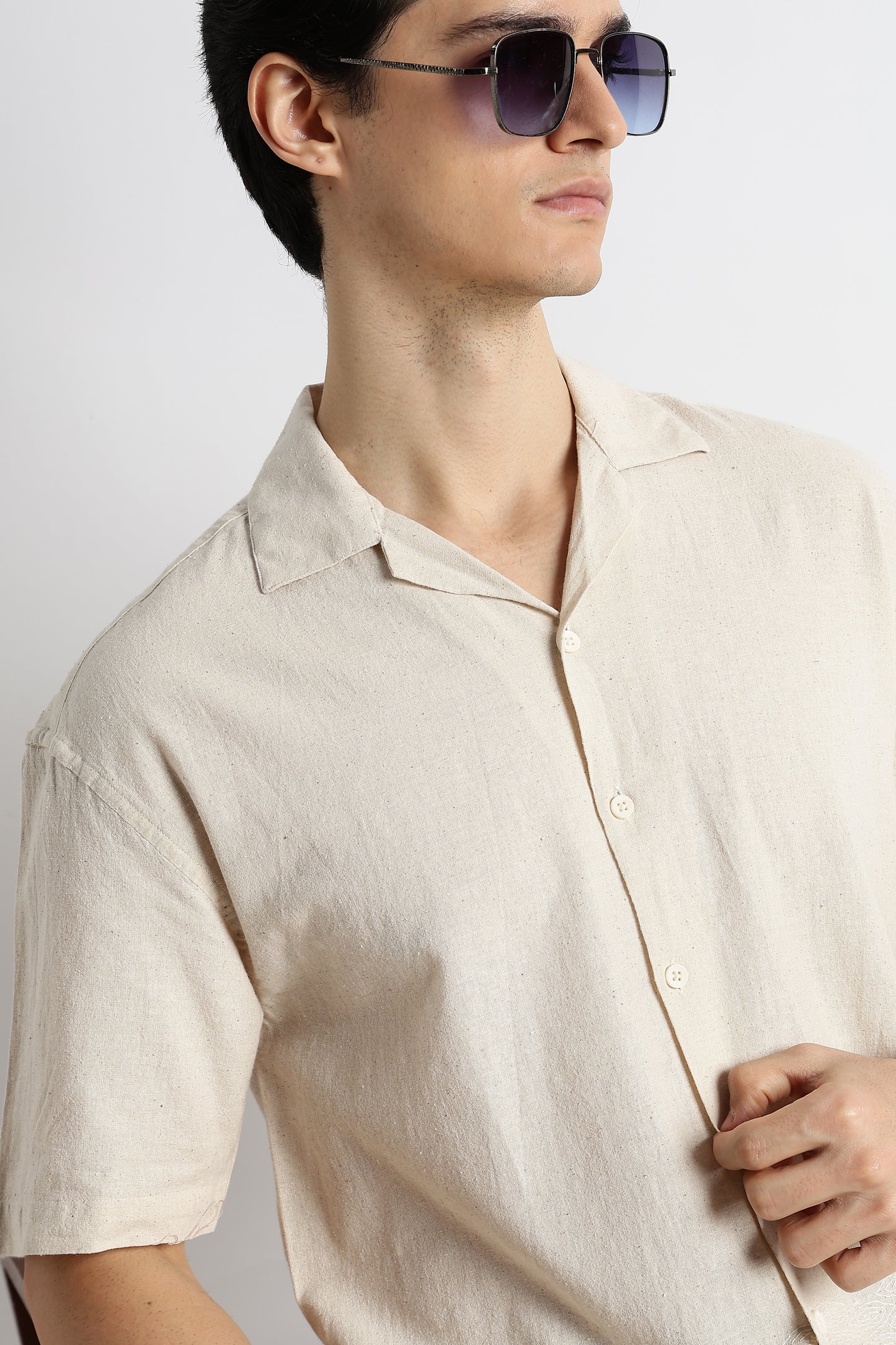 Casual Cotton Cuban Collar Shirt Cream