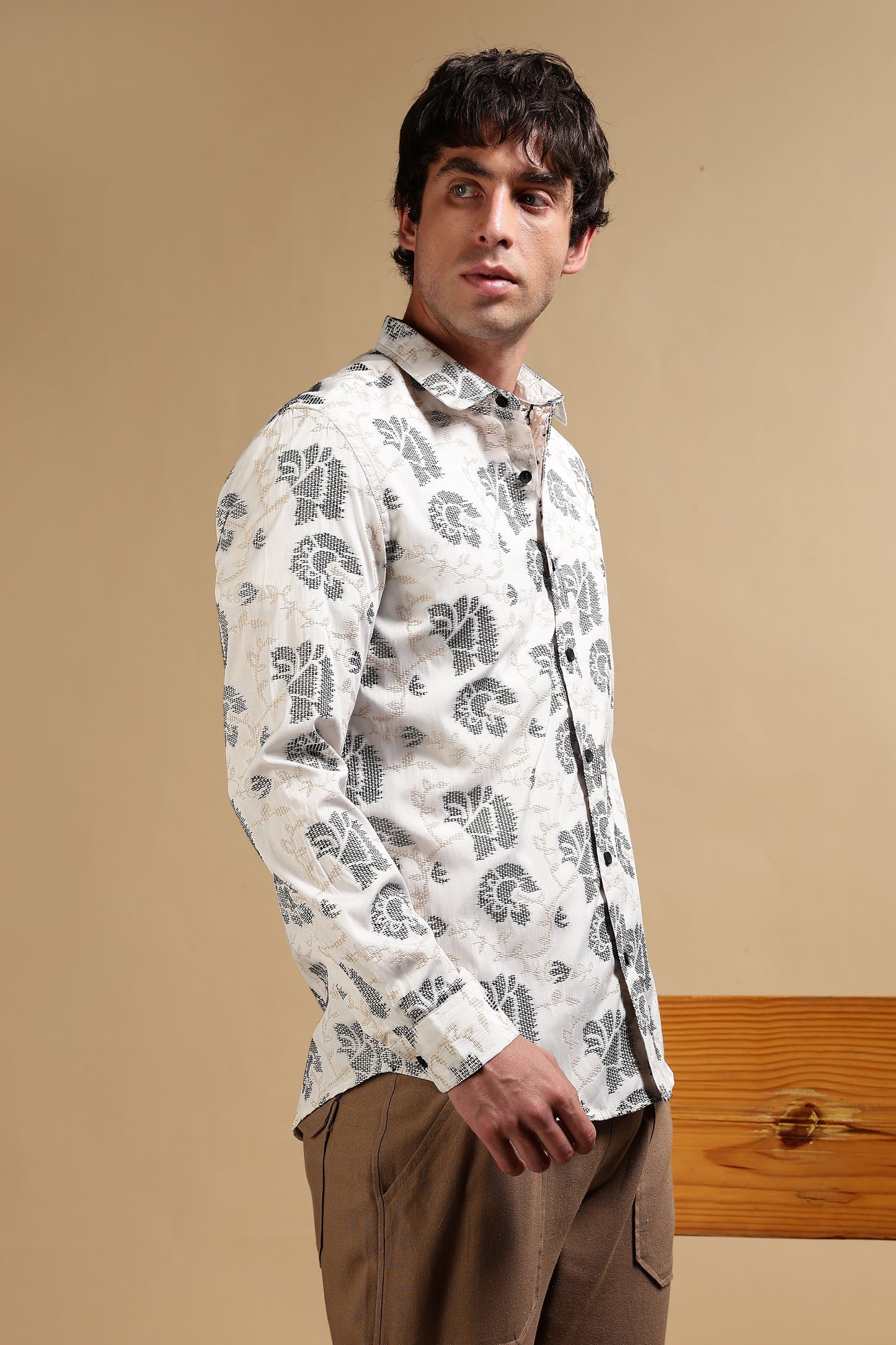 Cotton Slim Fit Self-Designed Shirt White