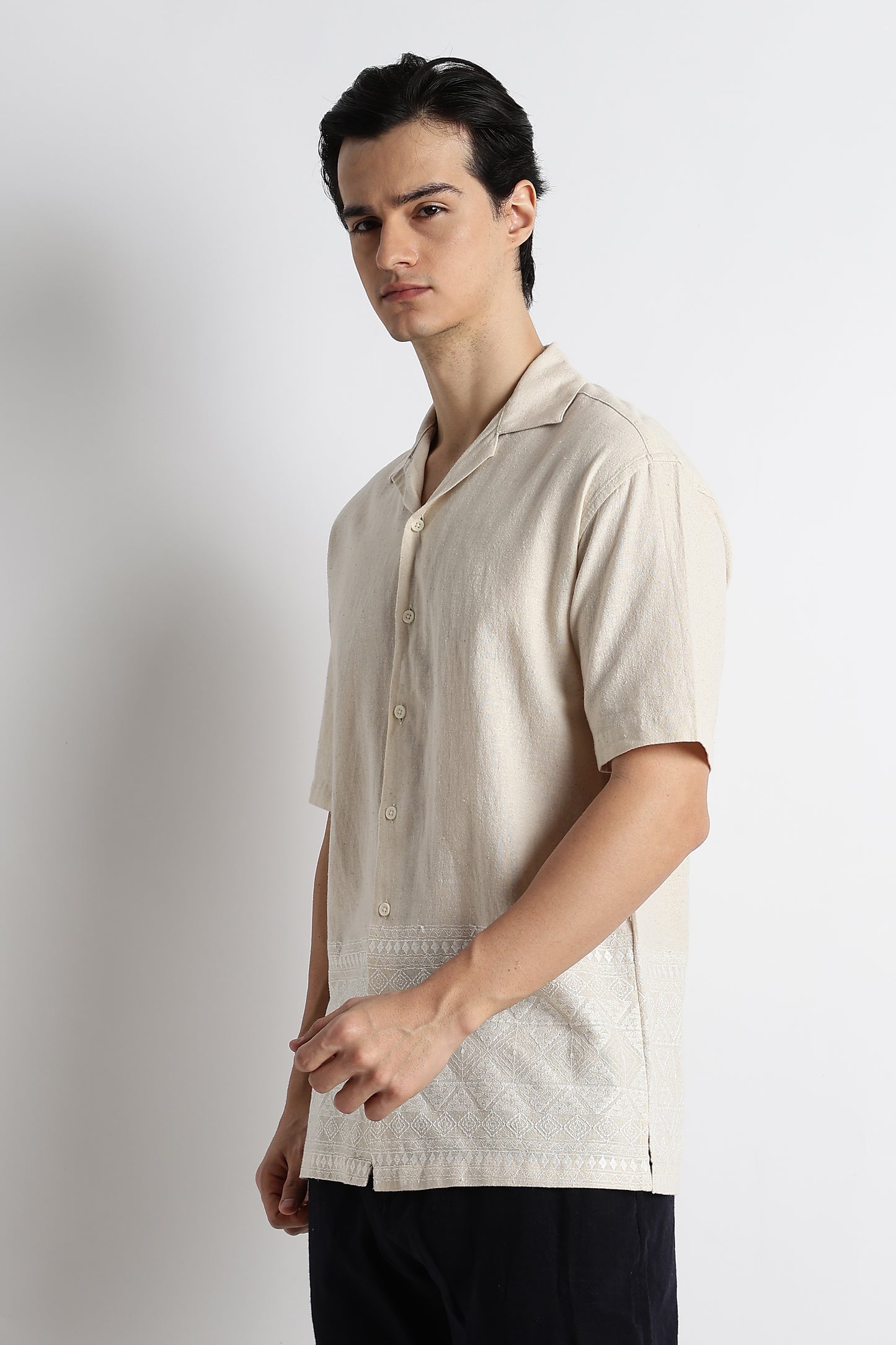 Casual Cotton Cuban Collar Shirt Cream