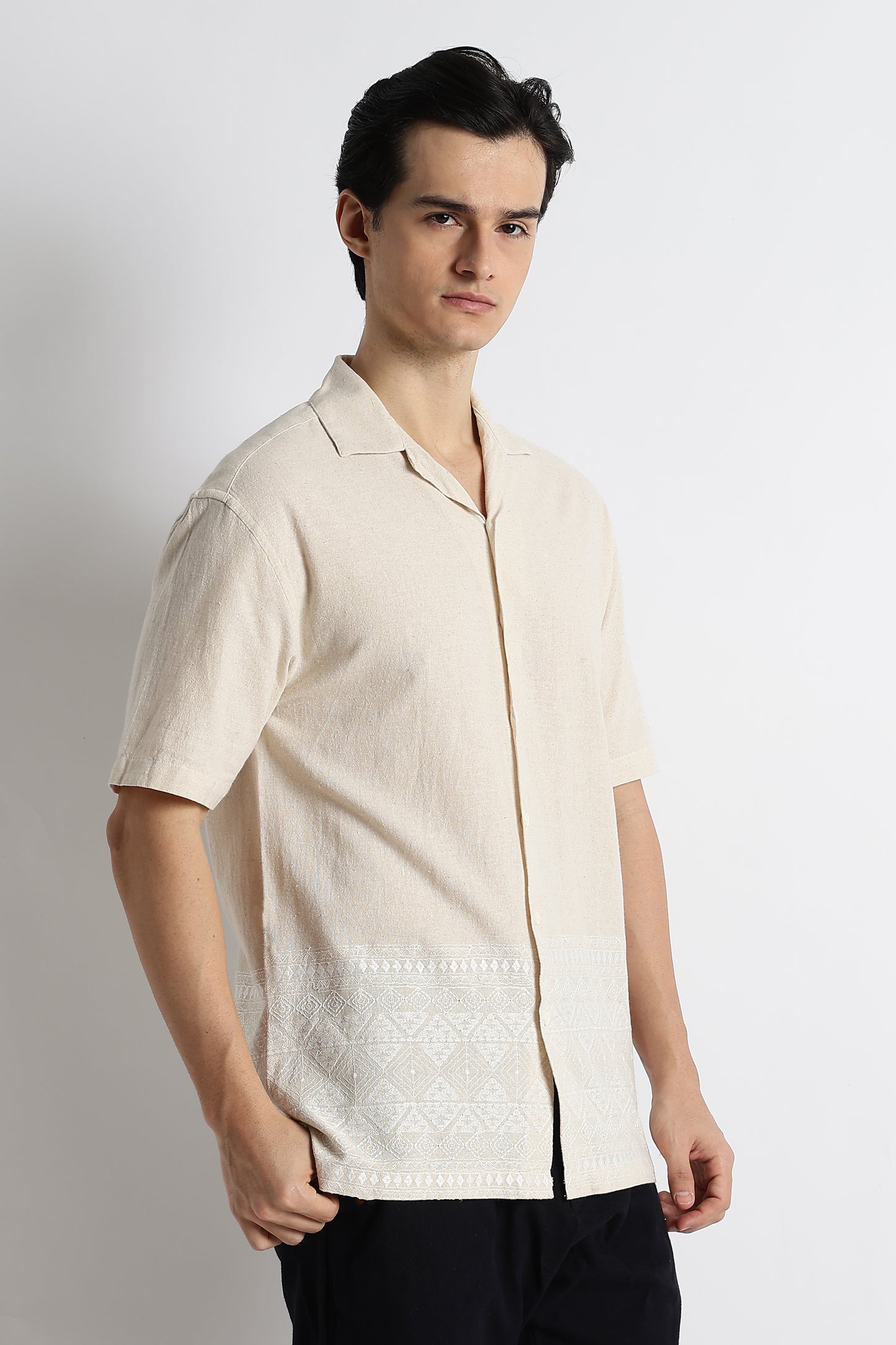 Casual Cotton Cuban Collar Shirt Cream