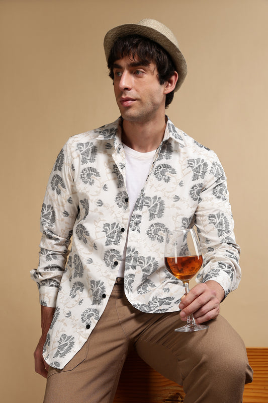 Poly Cotton Slim Fit Self-Designed Shirt White