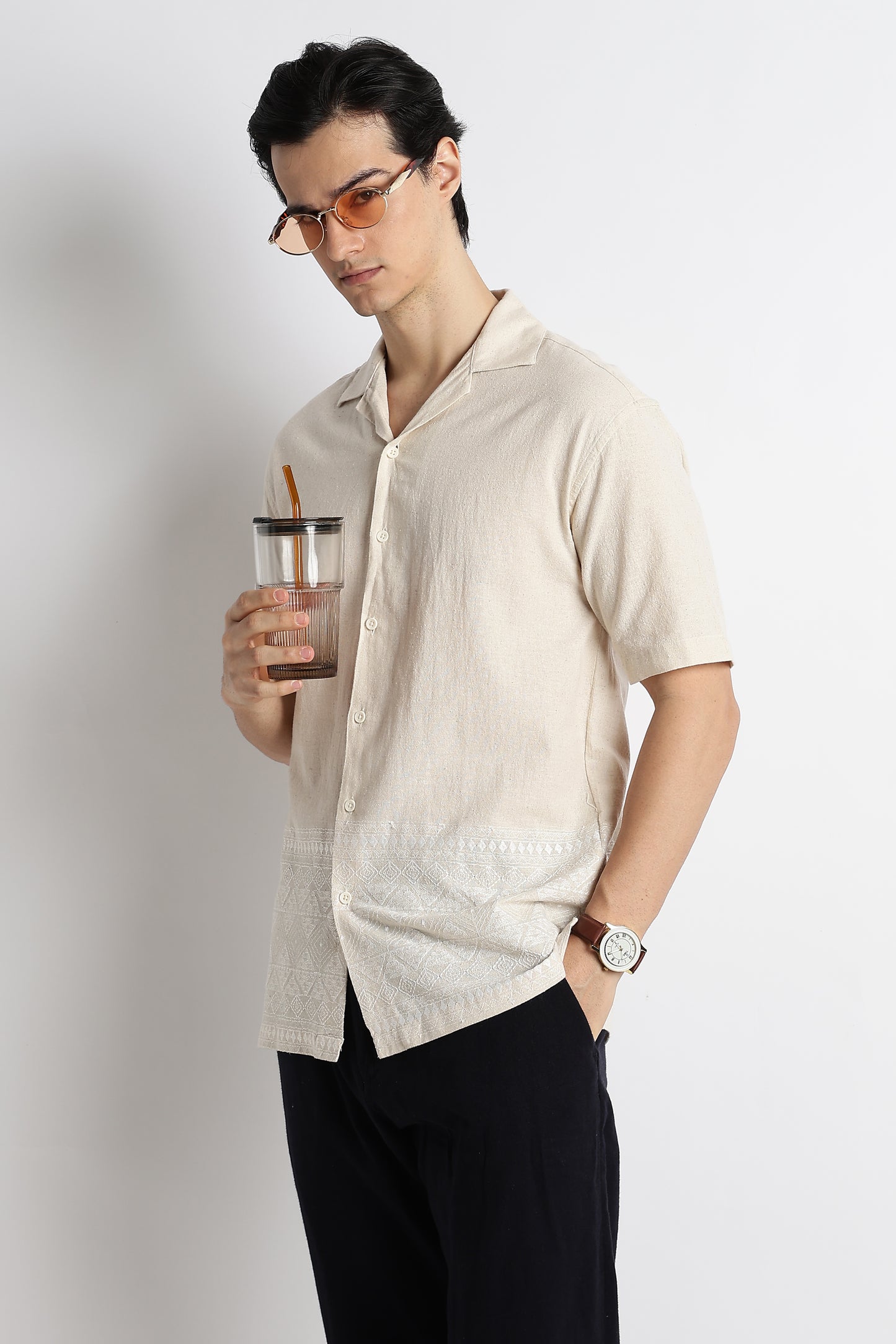 Casual Cotton Cuban Collar Shirt Cream
