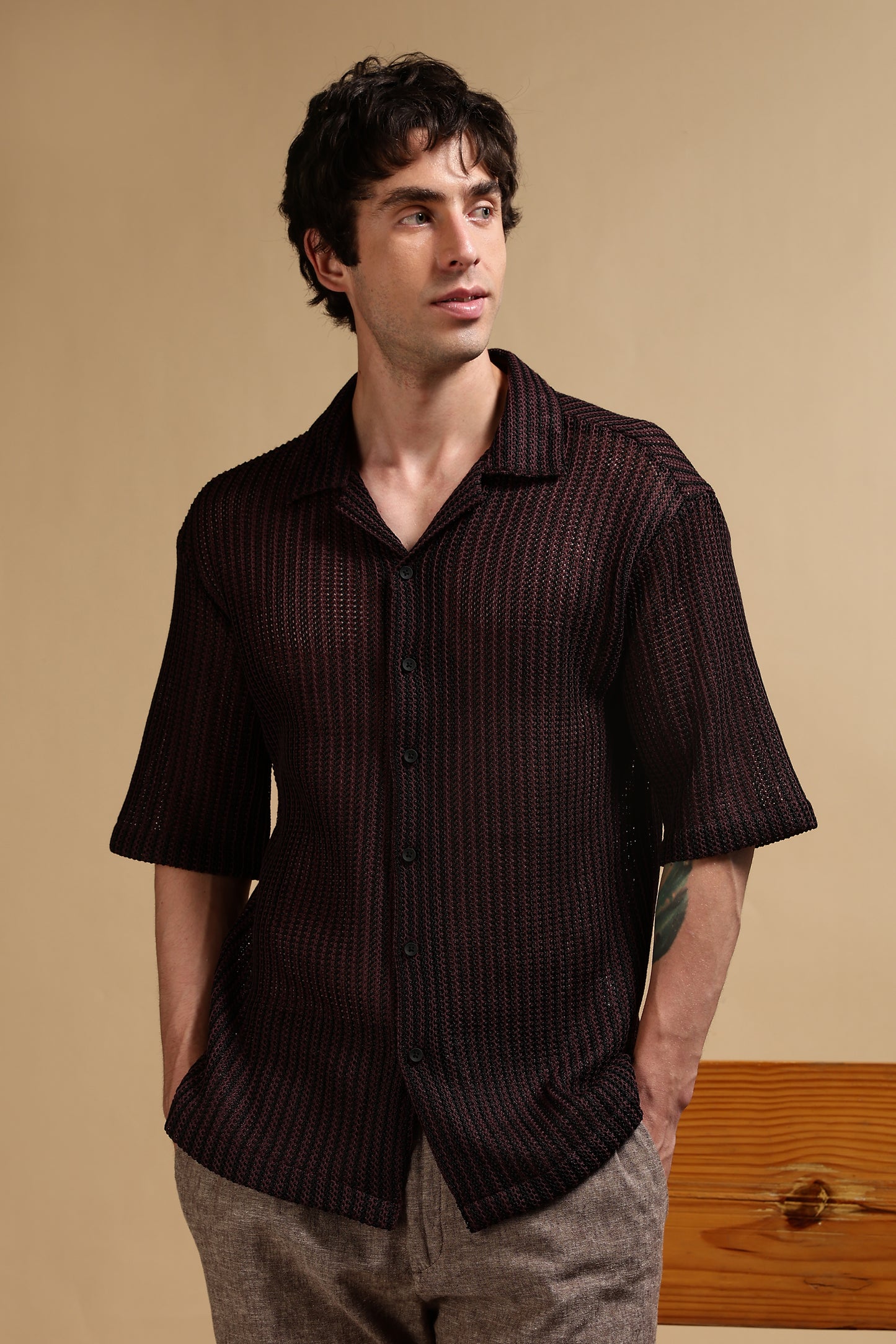Polyester Relaxed Fit Self-Designed Shirt Black