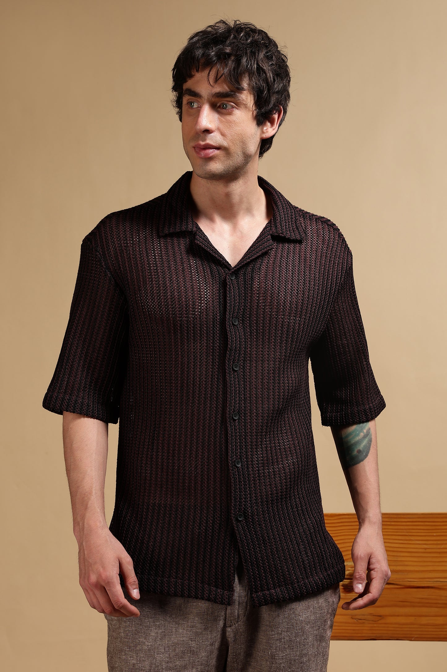 Polyester Relaxed Fit Self-Designed Shirt Black