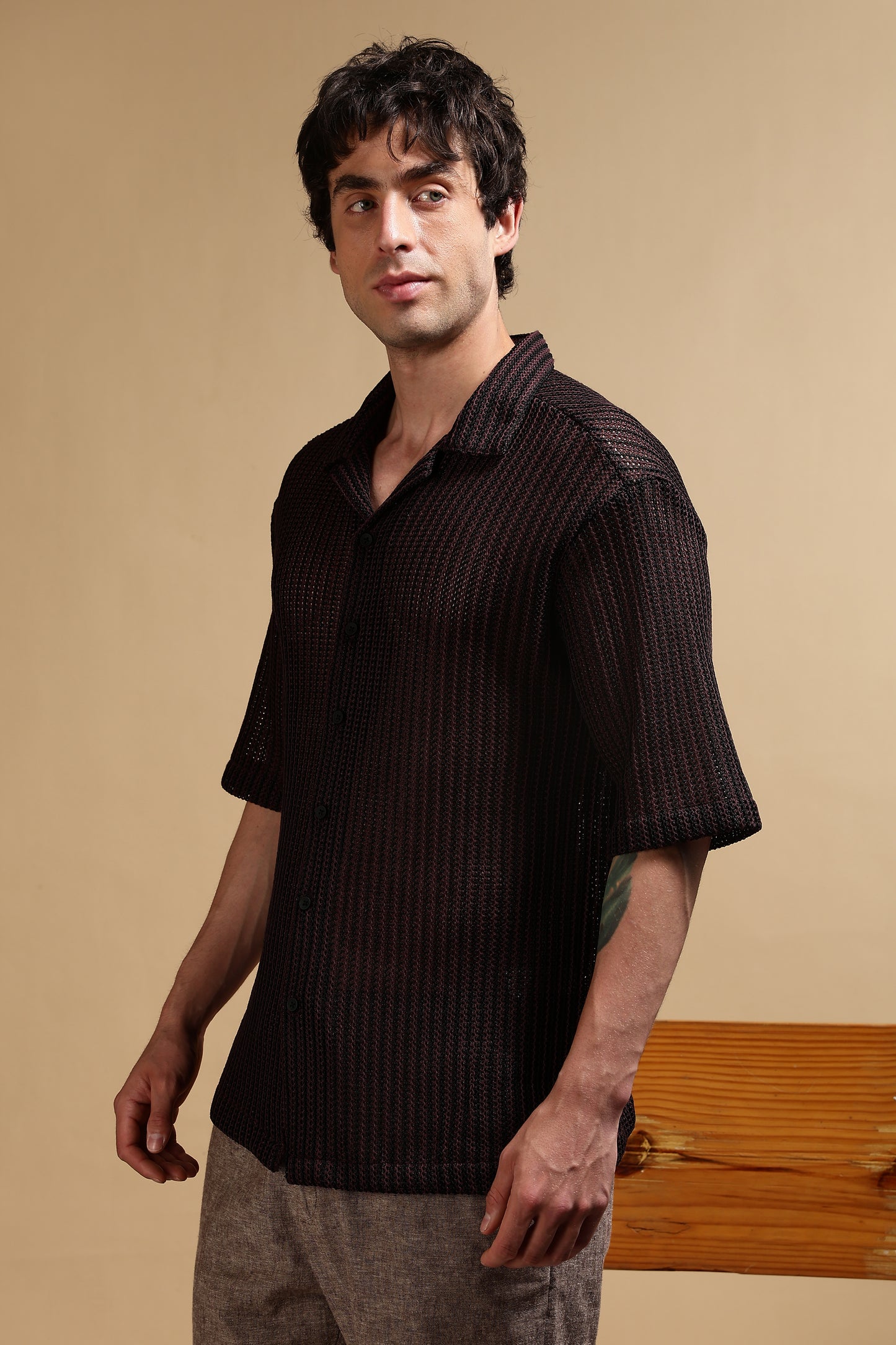 Polyester Relaxed Fit Self-Designed Shirt Black
