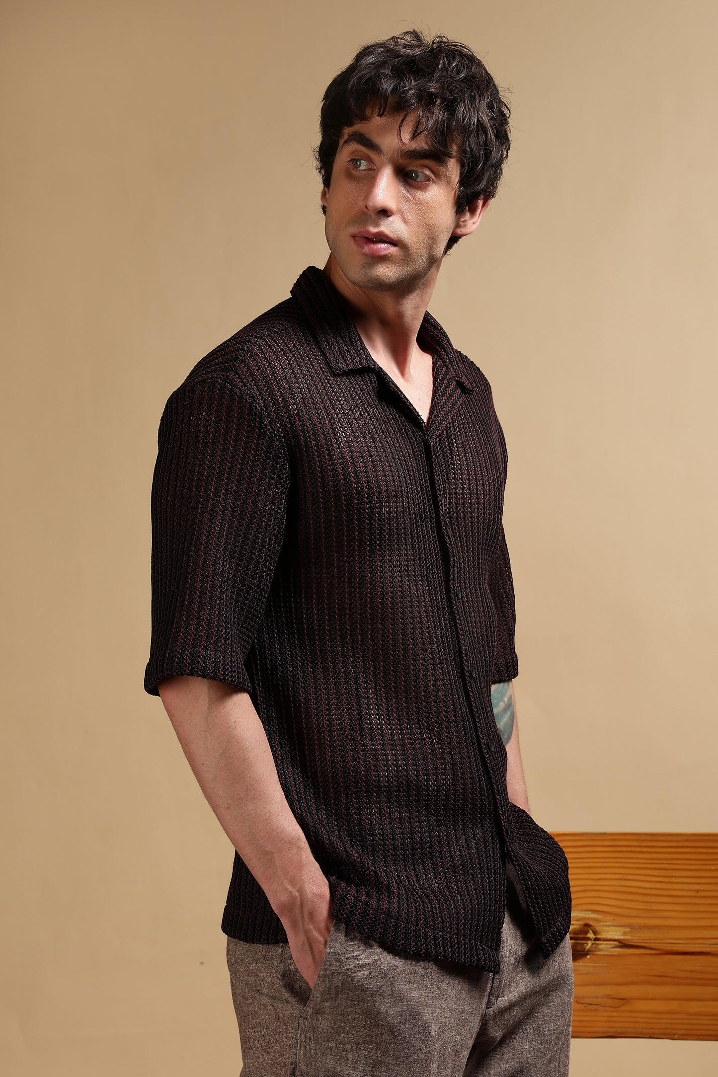 Polyester Relaxed Fit Self-Designed Shirt Black