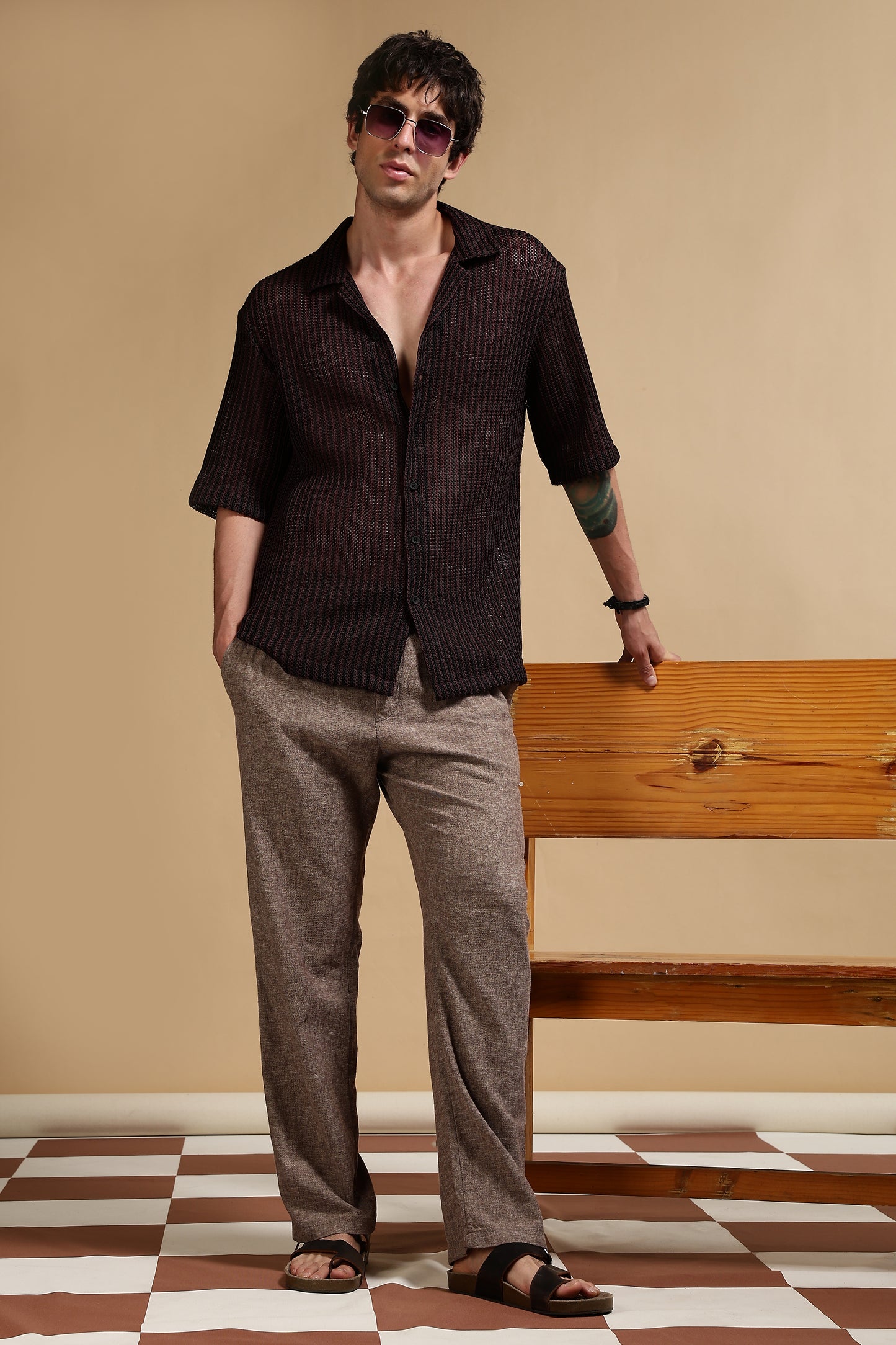 Polyester Relaxed Fit Self-Designed Shirt Black