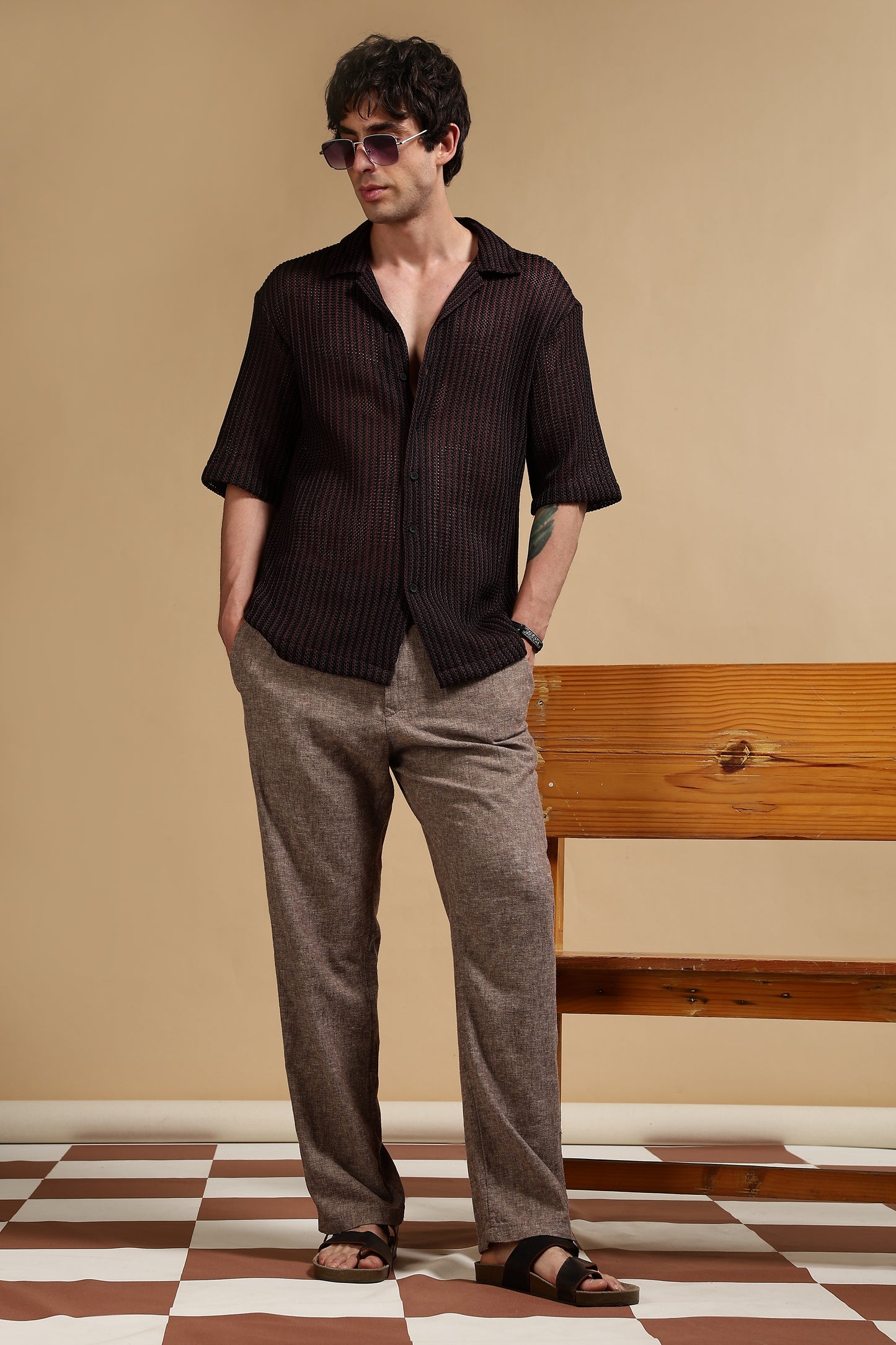 Polyester Relaxed Fit Self-Designed Shirt Black
