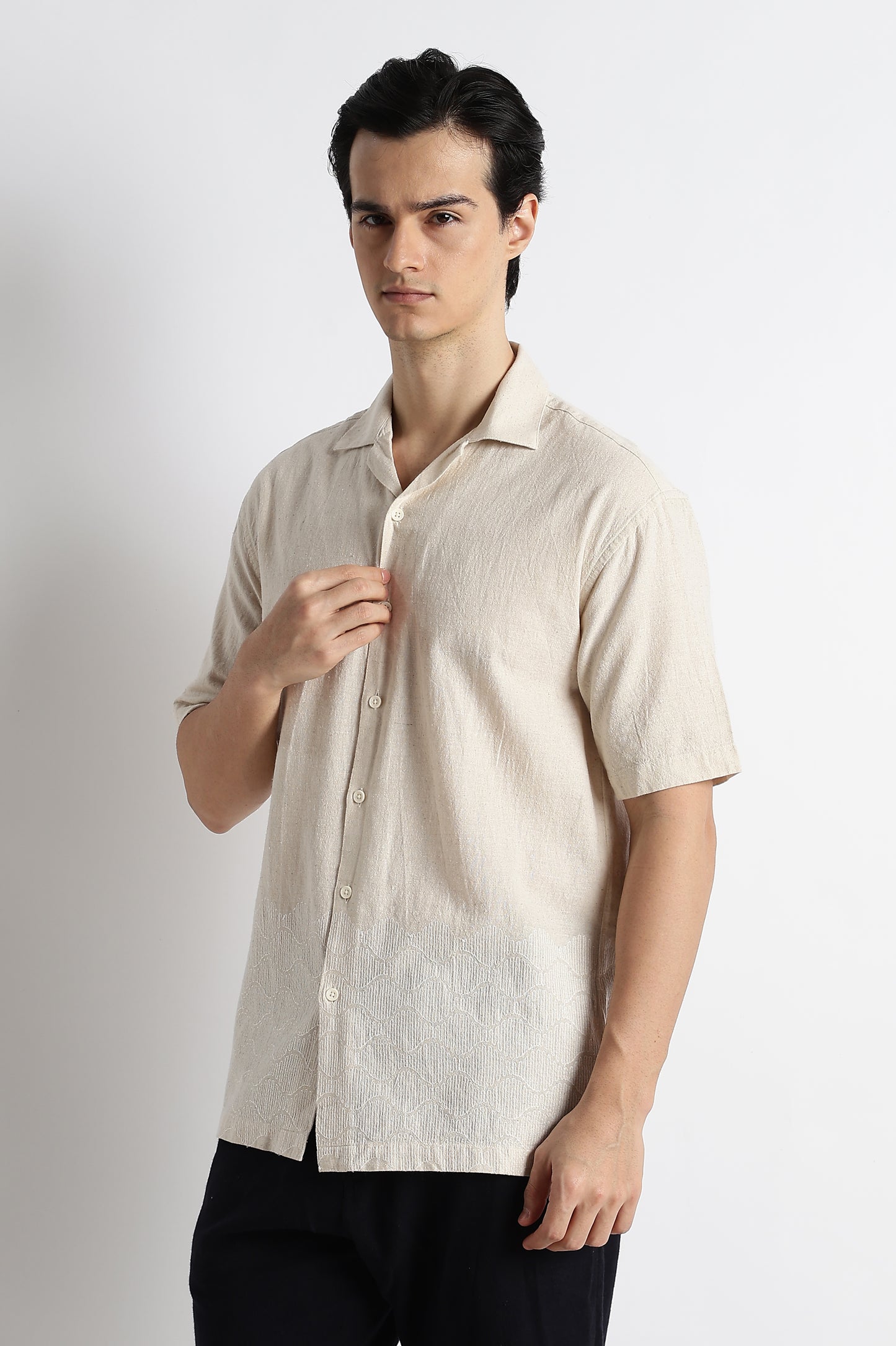 Casual Cotton Cuban Collar Shirt Cream
