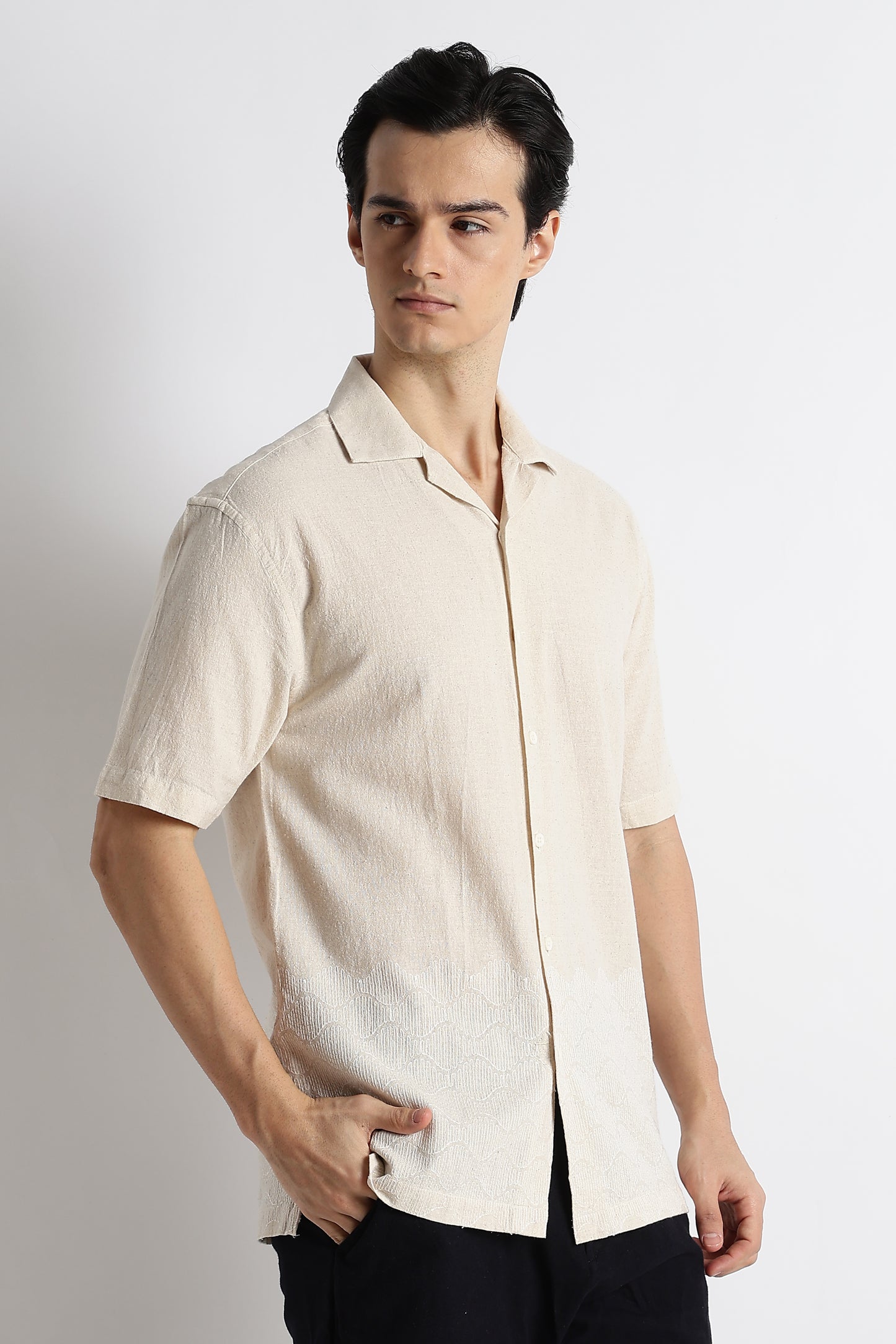 Casual Cotton Cuban Collar Shirt Cream