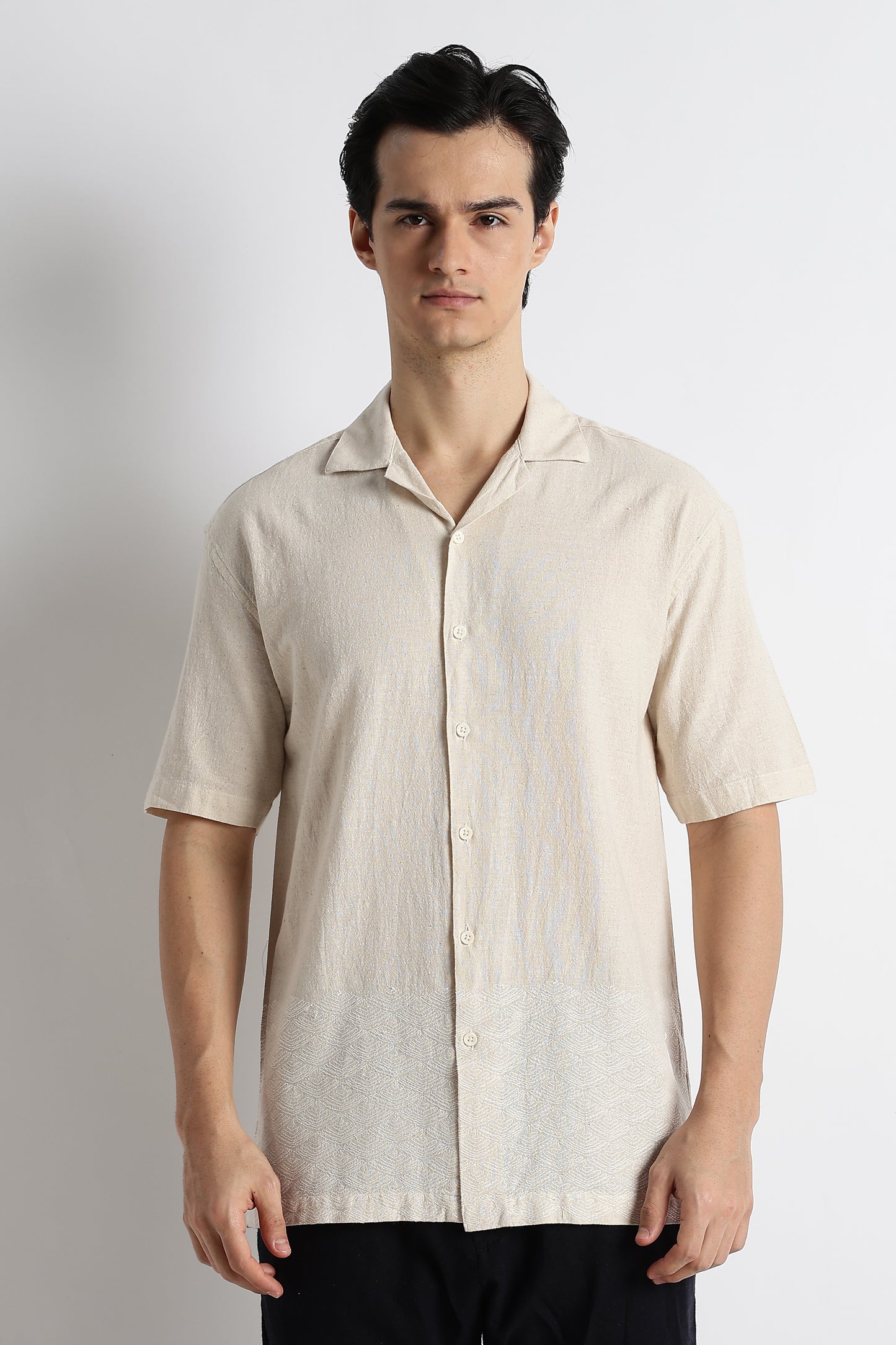 Casual Cotton Cuban Collar Shirt Cream