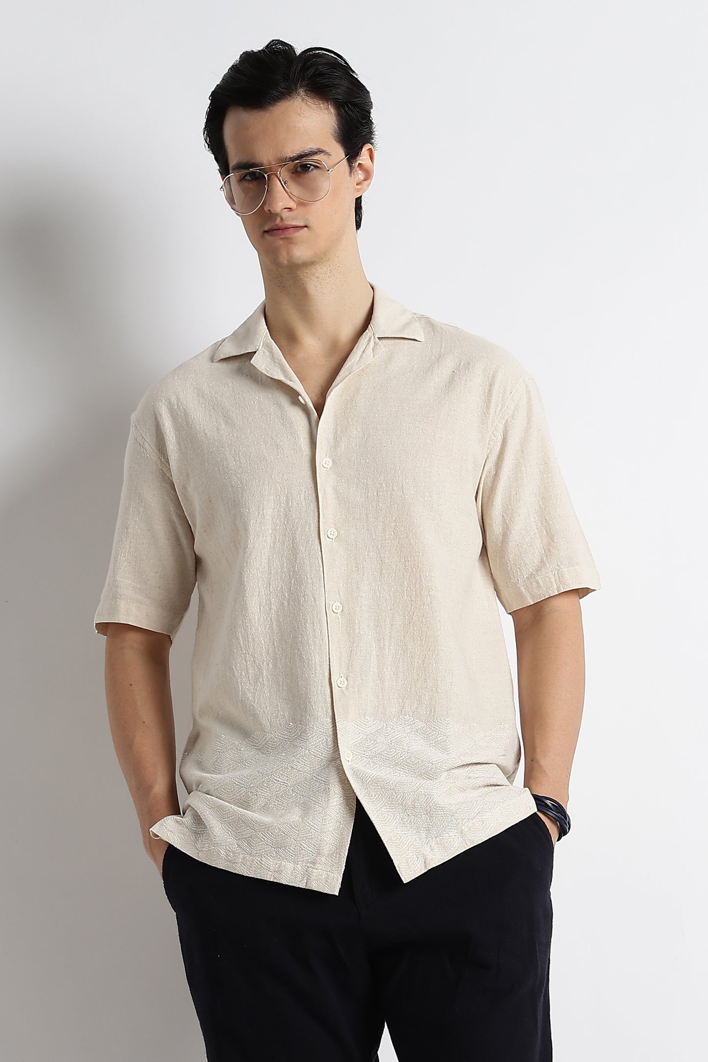 Casual Cotton Cuban Collar Shirt Cream