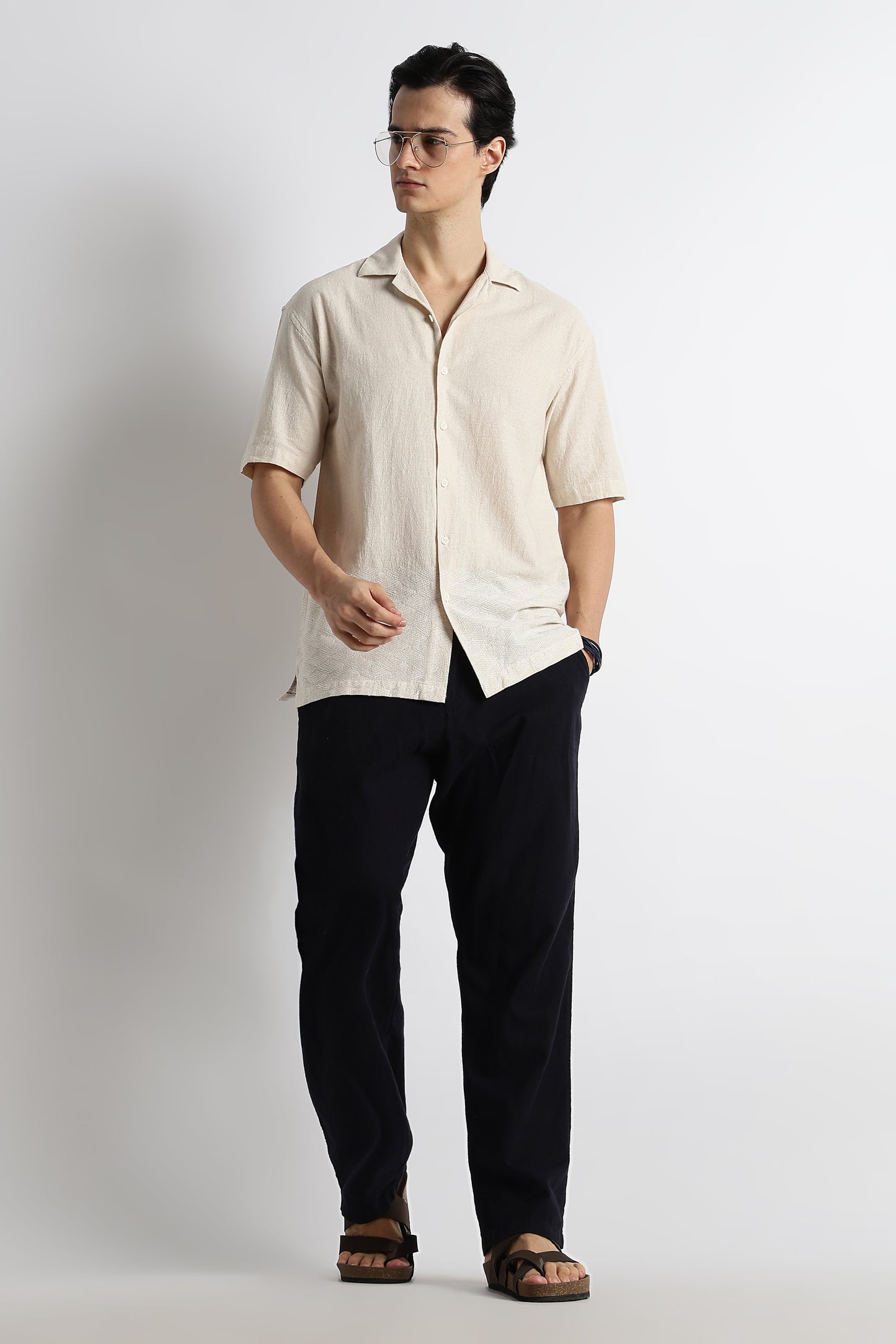 Casual Cotton Cuban Collar Shirt Cream