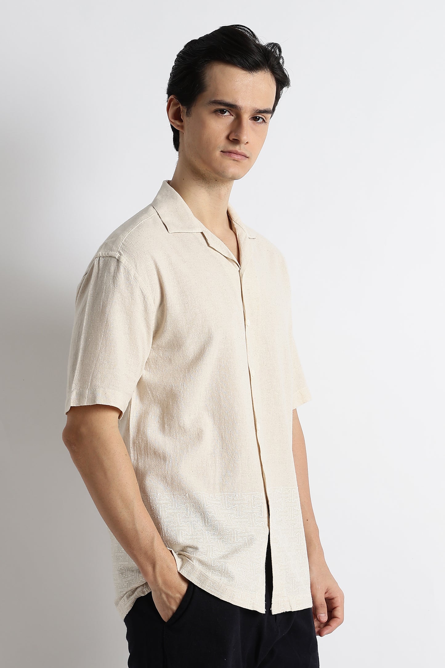 Casual Cotton Cuban Collar Shirt Cream