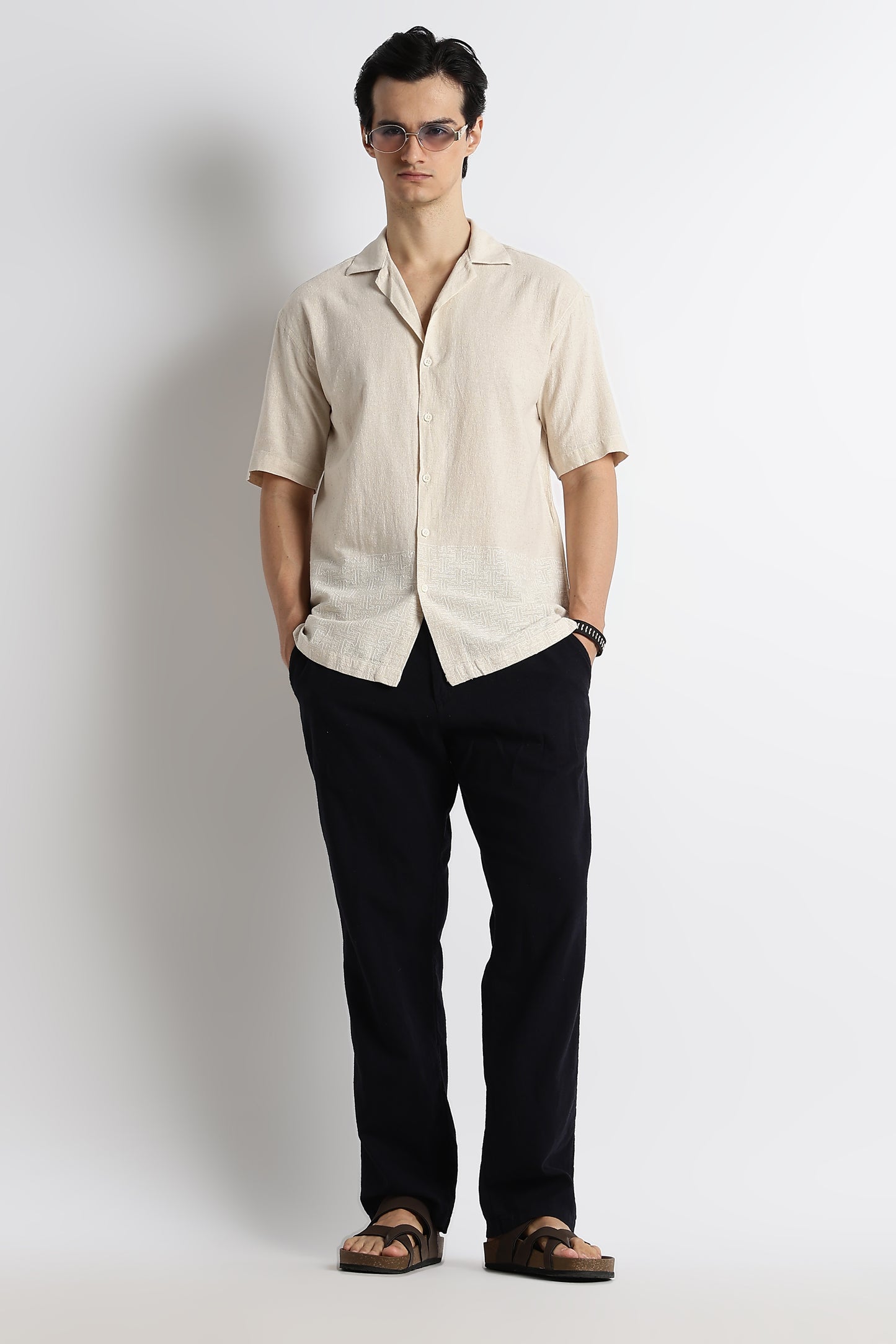 Casual Cotton Cuban Collar Shirt Cream