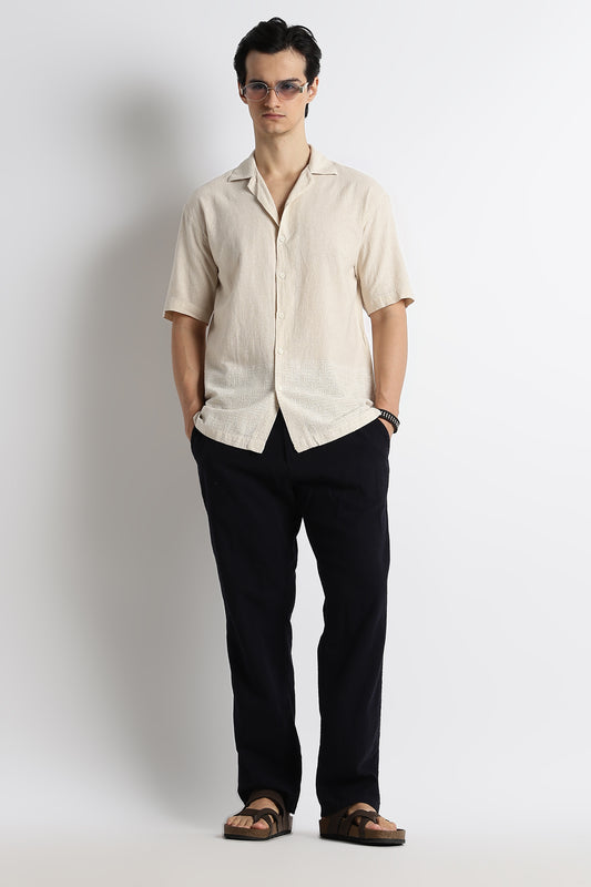 Casual Cotton Cuban Collar Shirt Cream