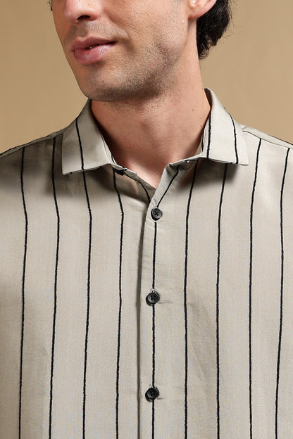 Nylon Slim Fit Striped Shirt Olive