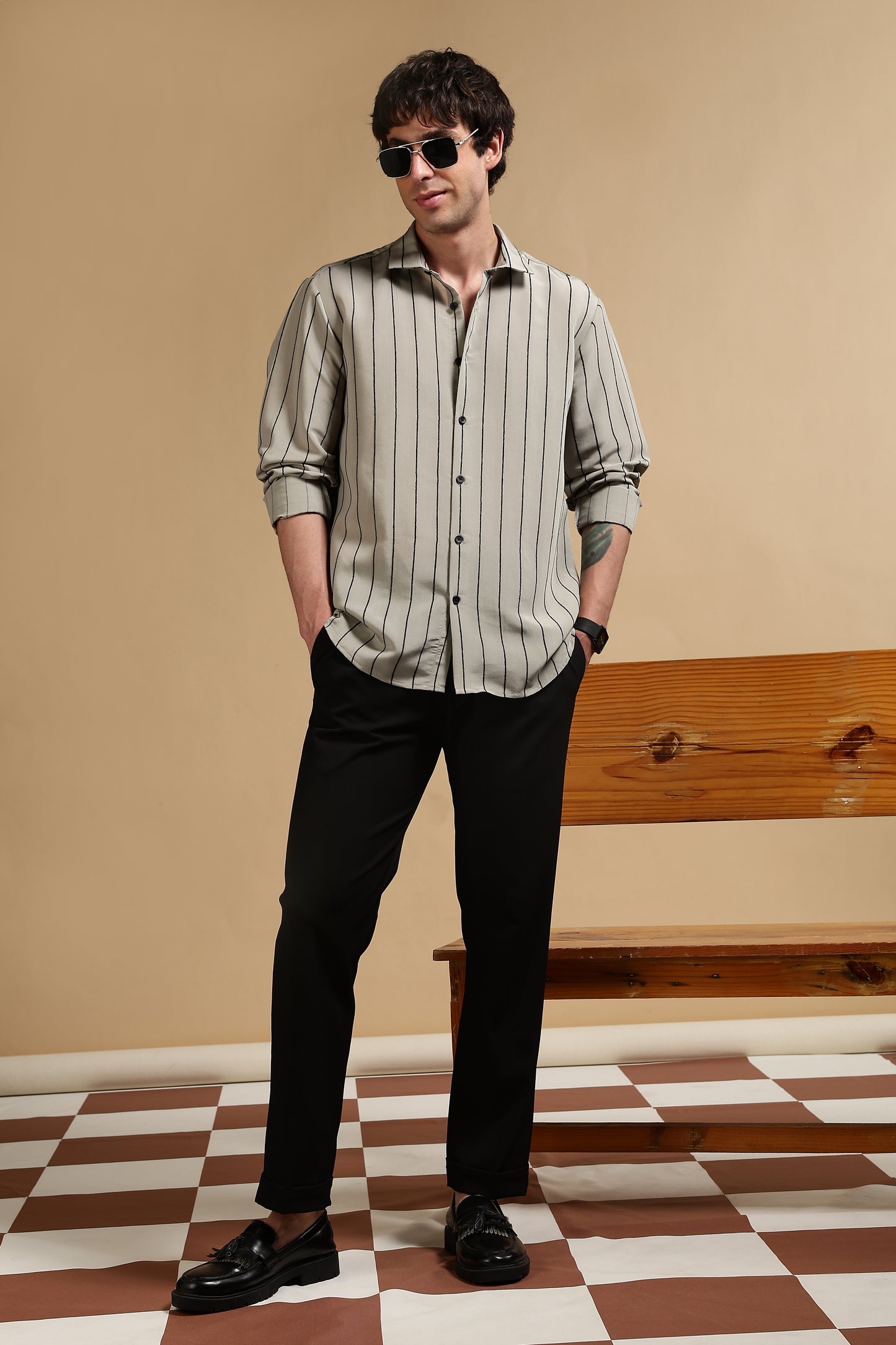 Nylon Slim Fit Striped Shirt Olive