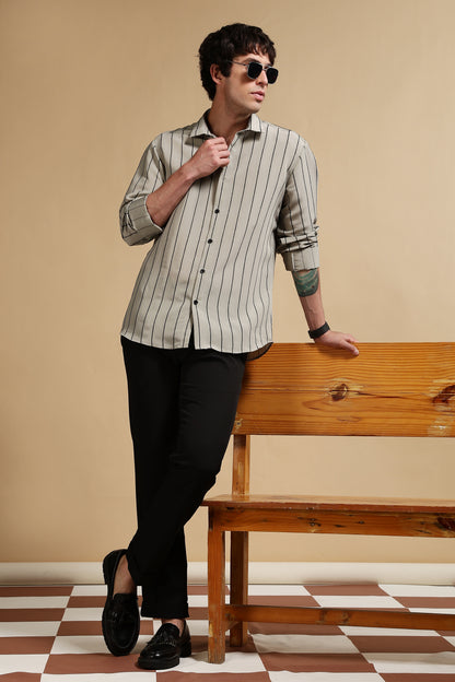 Nylon Slim Fit Striped Shirt Olive