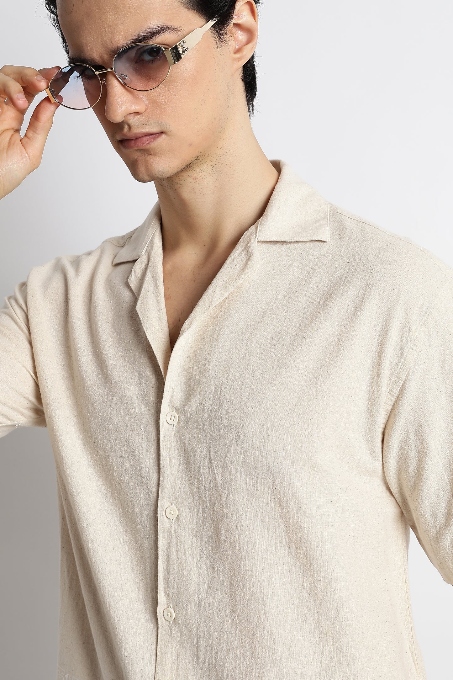 Casual Cotton Cuban Collar Shirt Cream