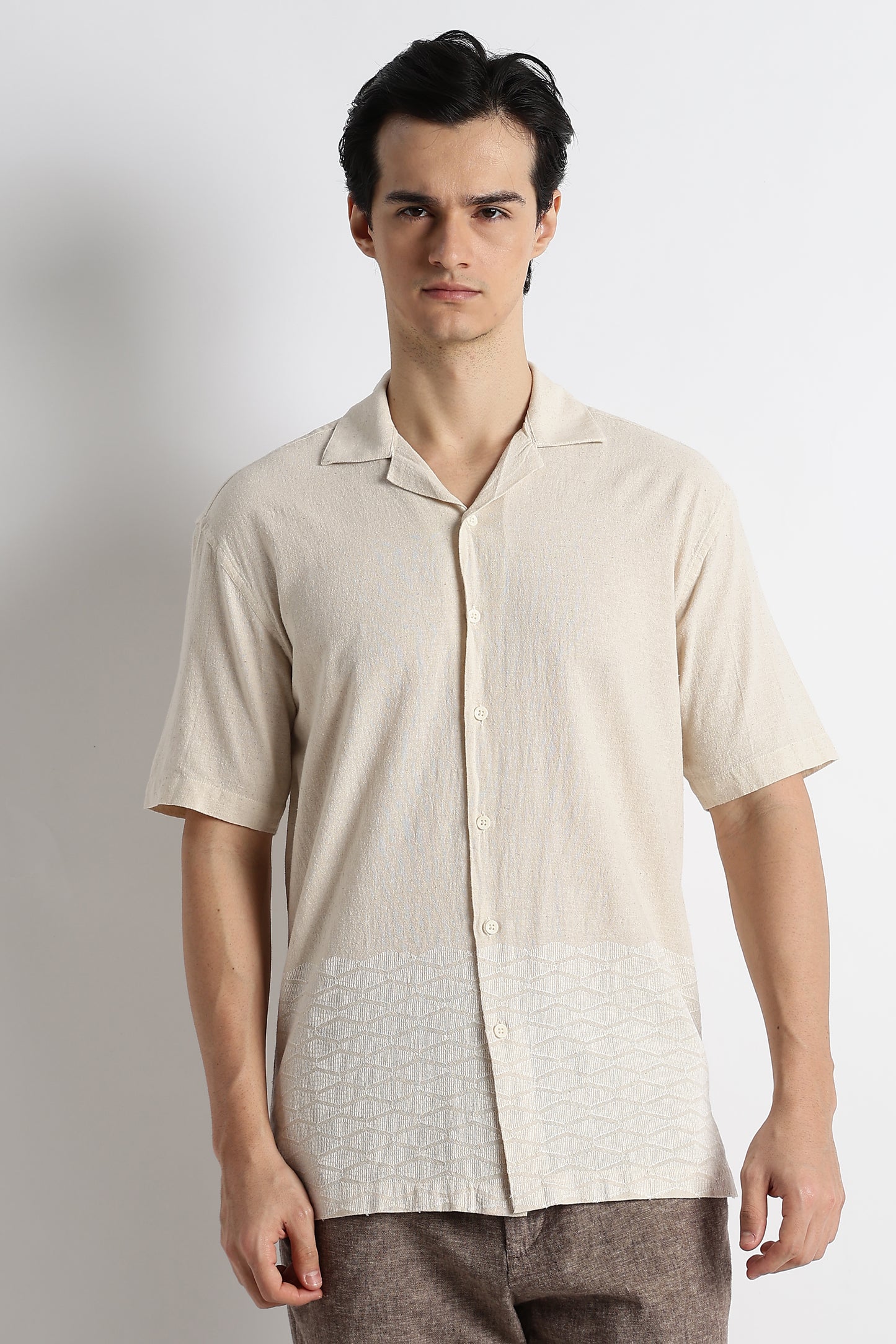 Casual Cotton Cuban Collar Shirt Cream