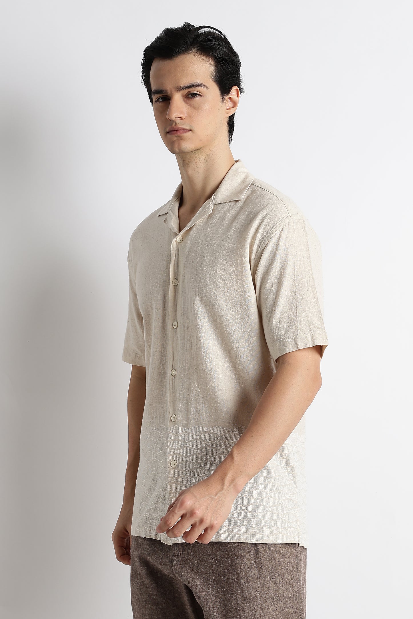 Casual Cotton Cuban Collar Shirt Cream