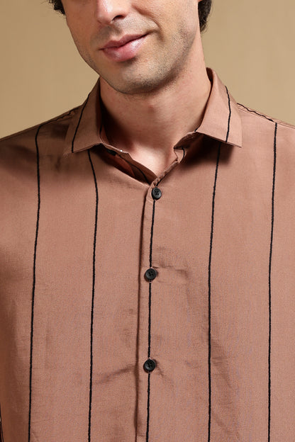 Nylon Slim Fit Striped Shirt Brown
