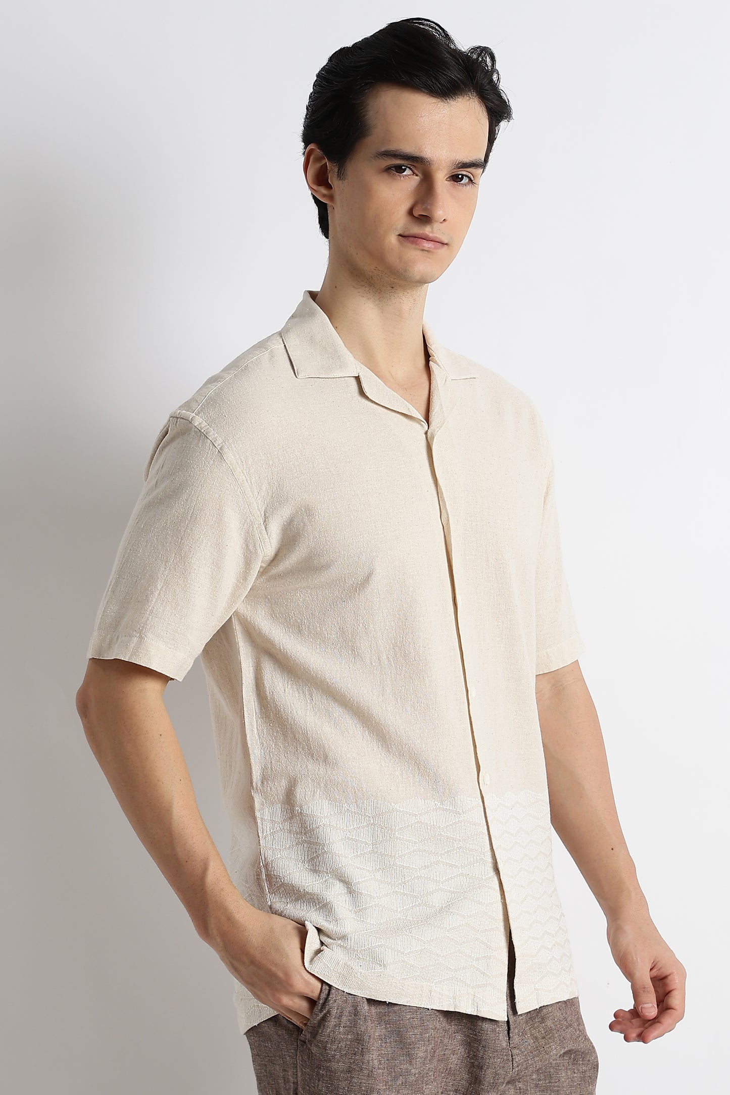 Casual Cotton Cuban Collar Shirt Cream