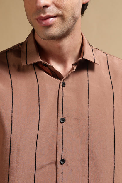 Nylon Slim Fit Striped Shirt Brown
