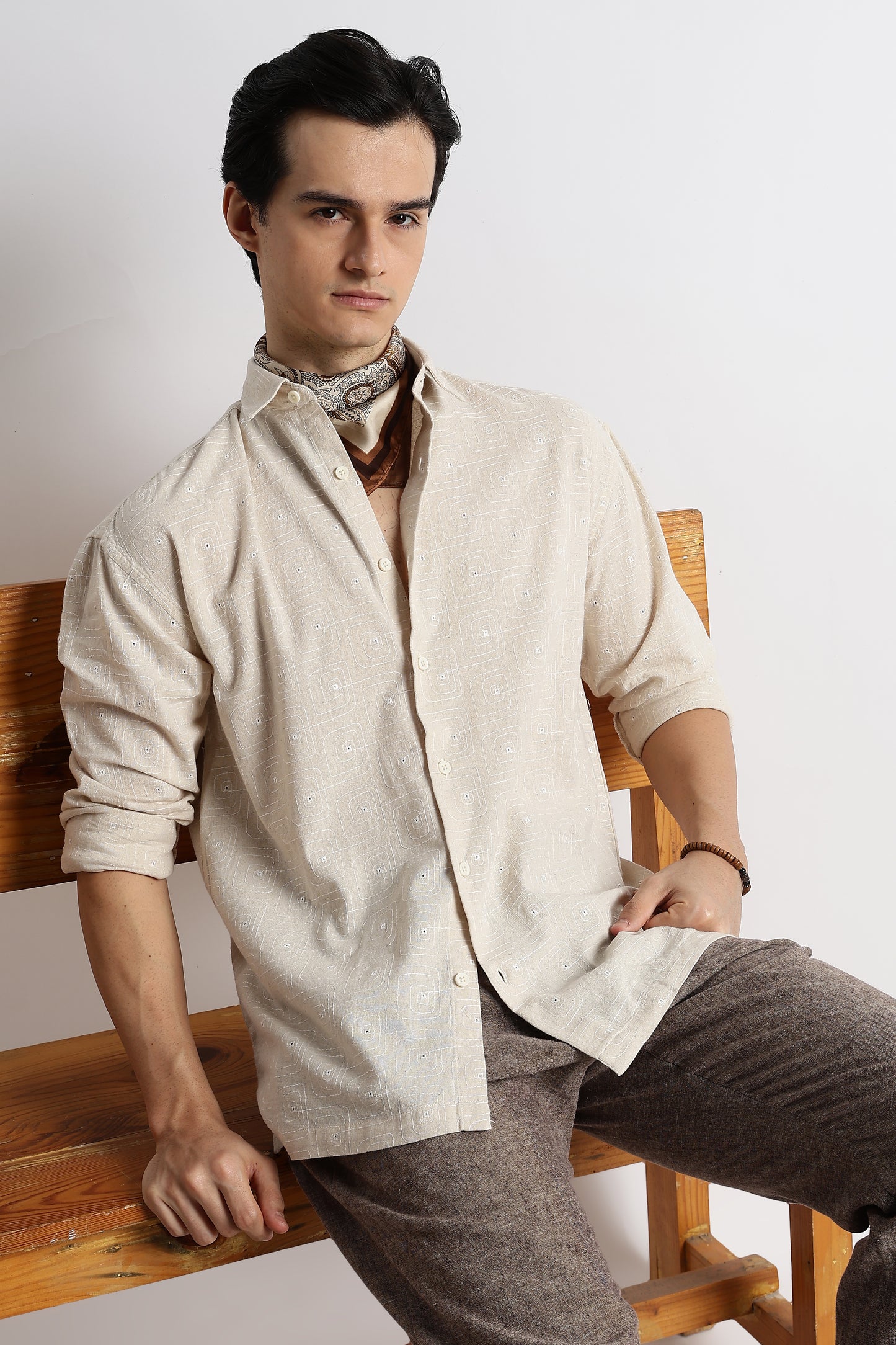 Natural Embroidered Cotton Shirt Cream