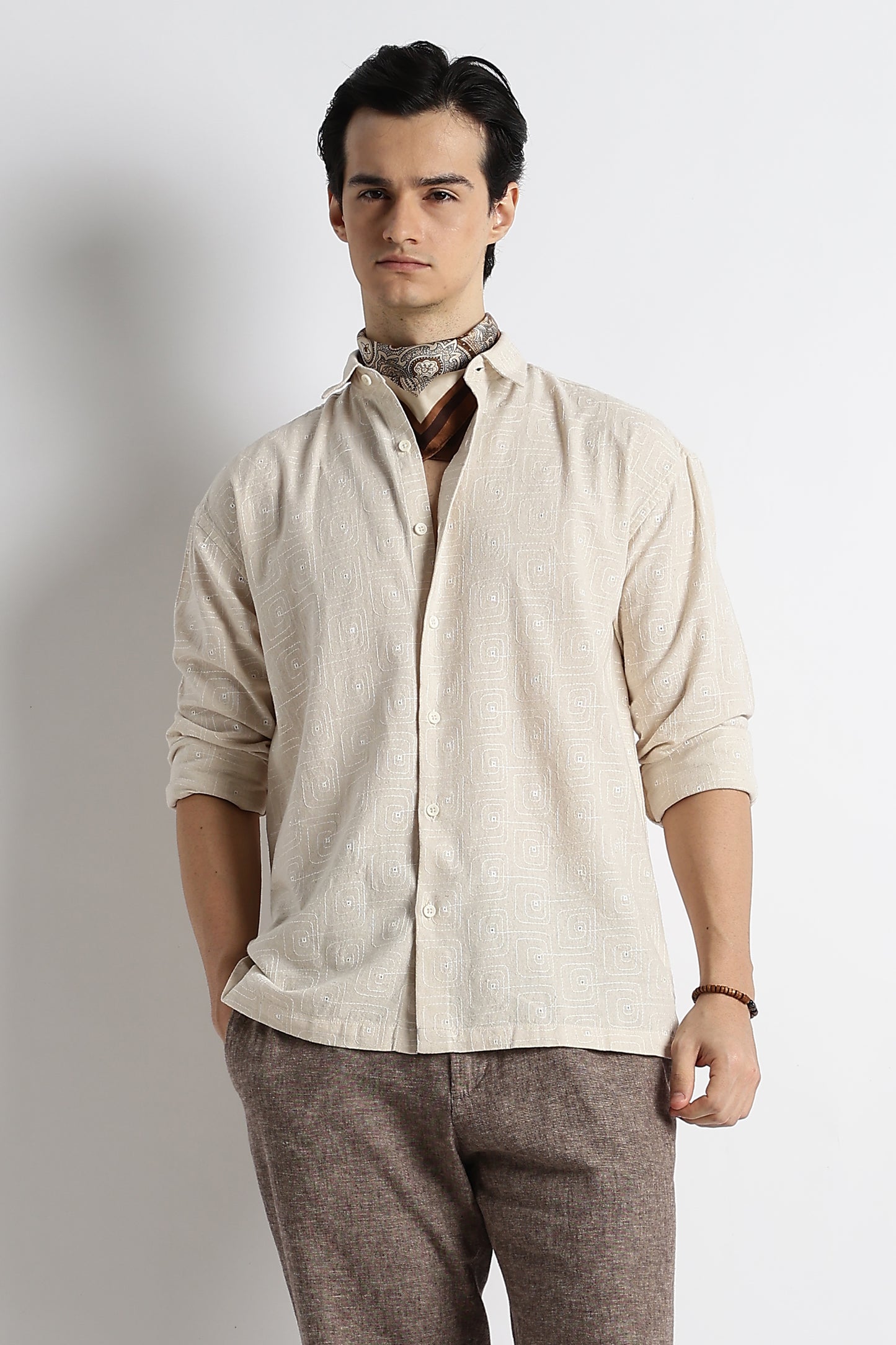 Natural Embroidered Cotton Shirt Cream