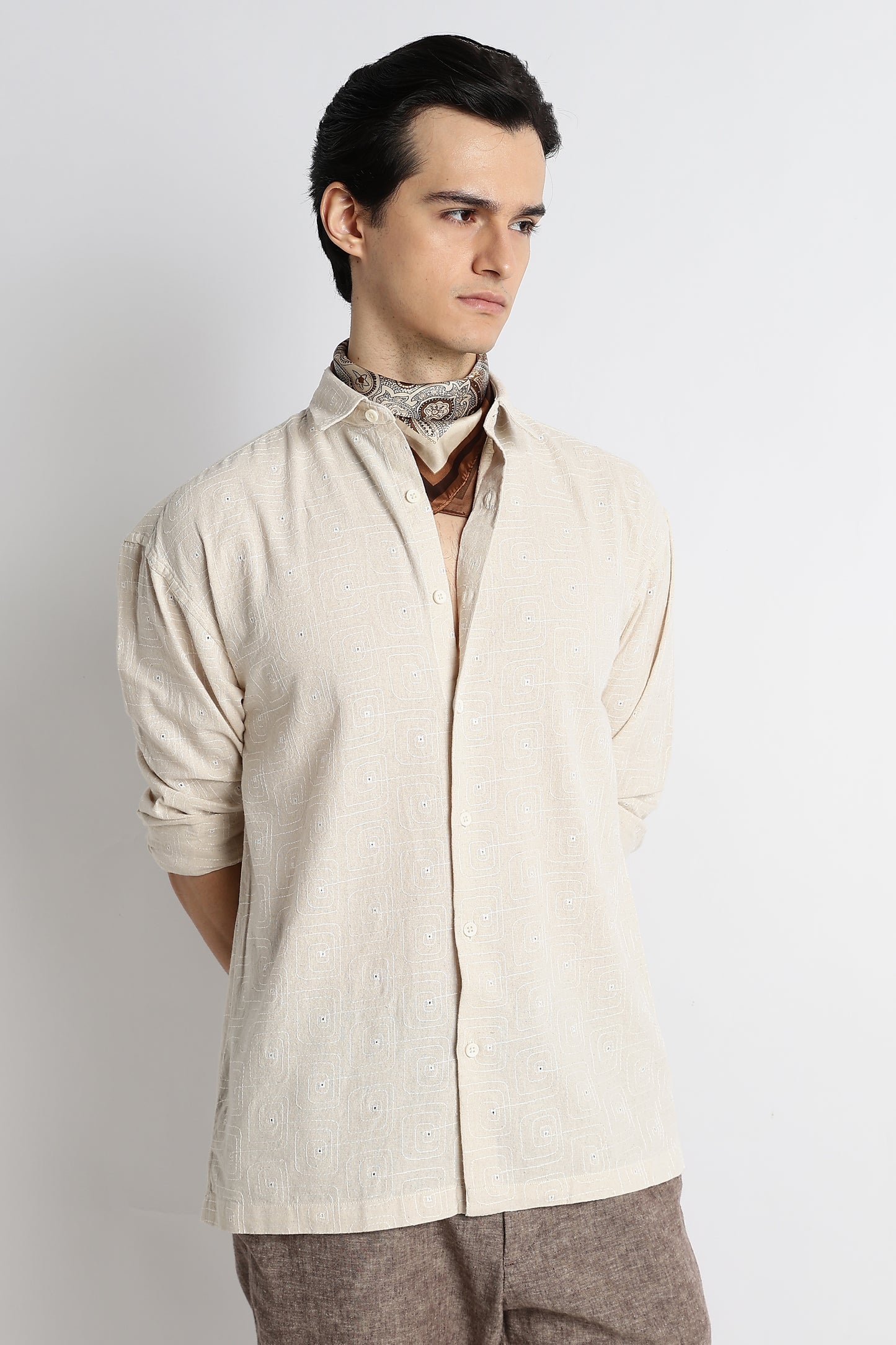 Natural Embroidered Cotton Shirt Cream