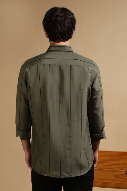 Nylon Slim Fit Striped Shirt Green