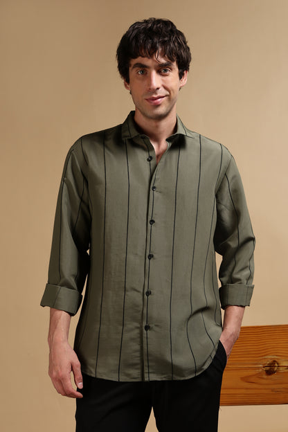 Nylon Slim Fit Striped Shirt Green