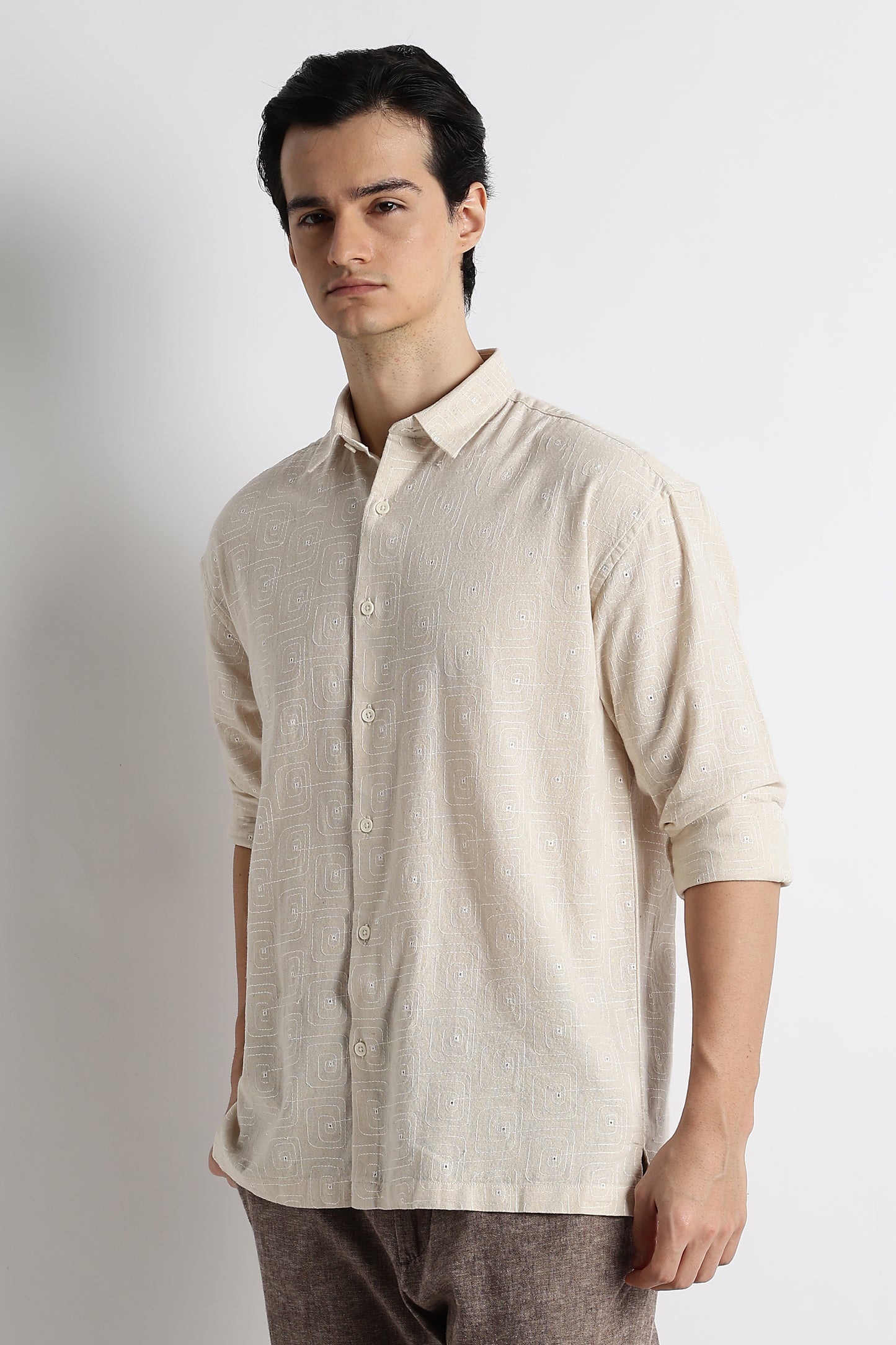 Natural Embroidered Cotton Shirt Cream