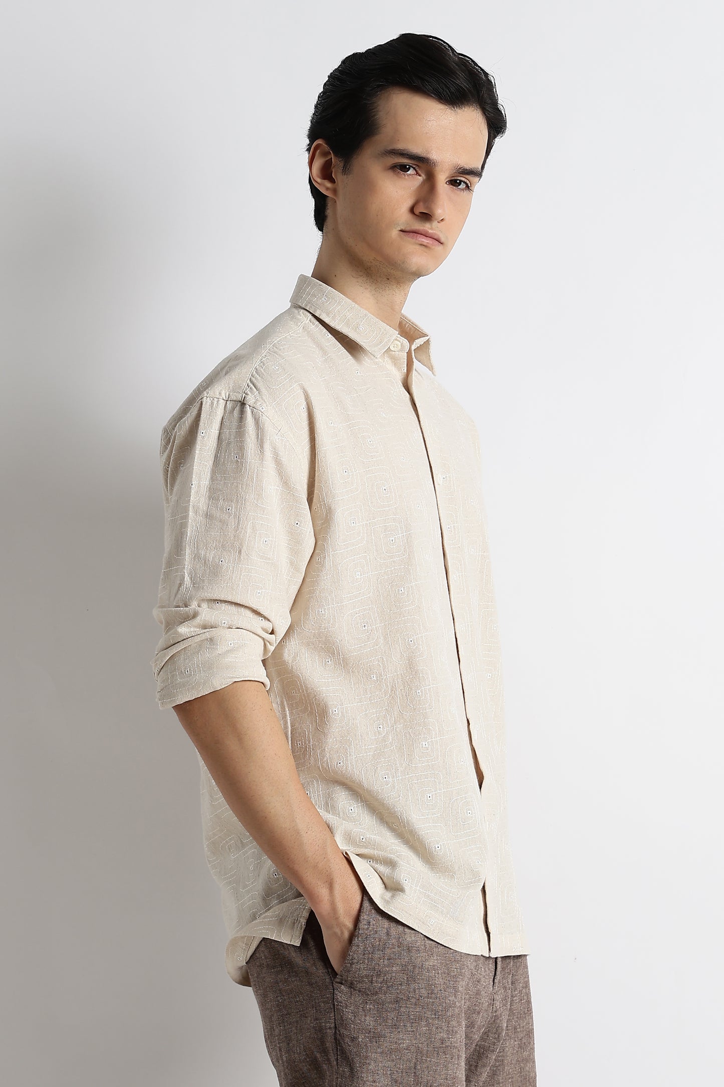 Natural Embroidered Cotton Shirt Cream
