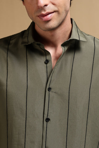 Nylon Slim Fit Striped Shirt Green