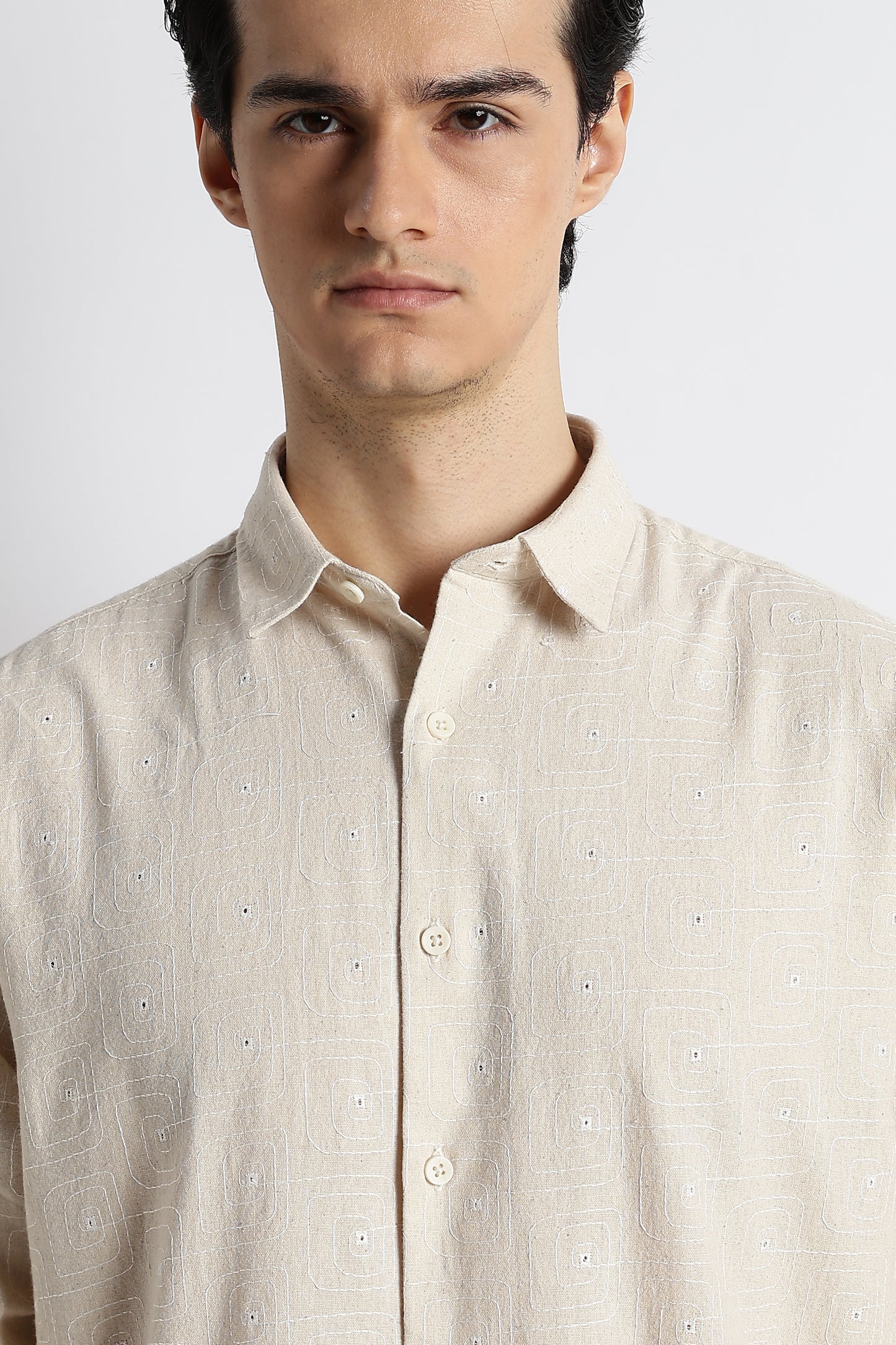 Natural Embroidered Cotton Shirt Cream