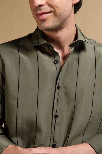 Nylon Slim Fit Striped Shirt Green