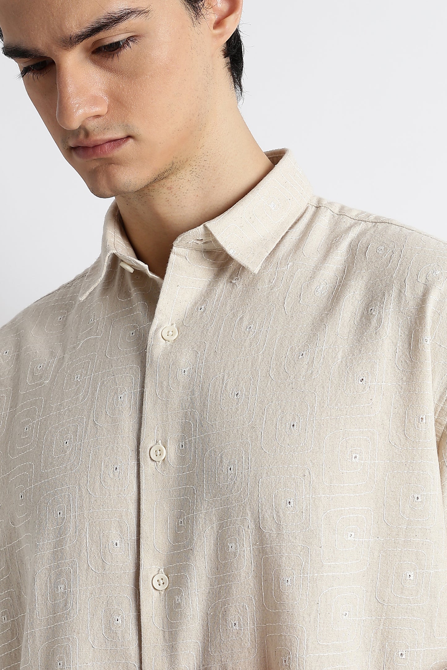 Natural Embroidered Cotton Shirt Cream