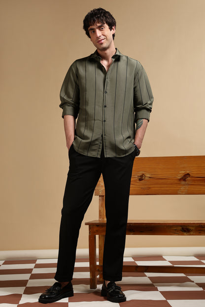 Nylon Slim Fit Striped Shirt Green